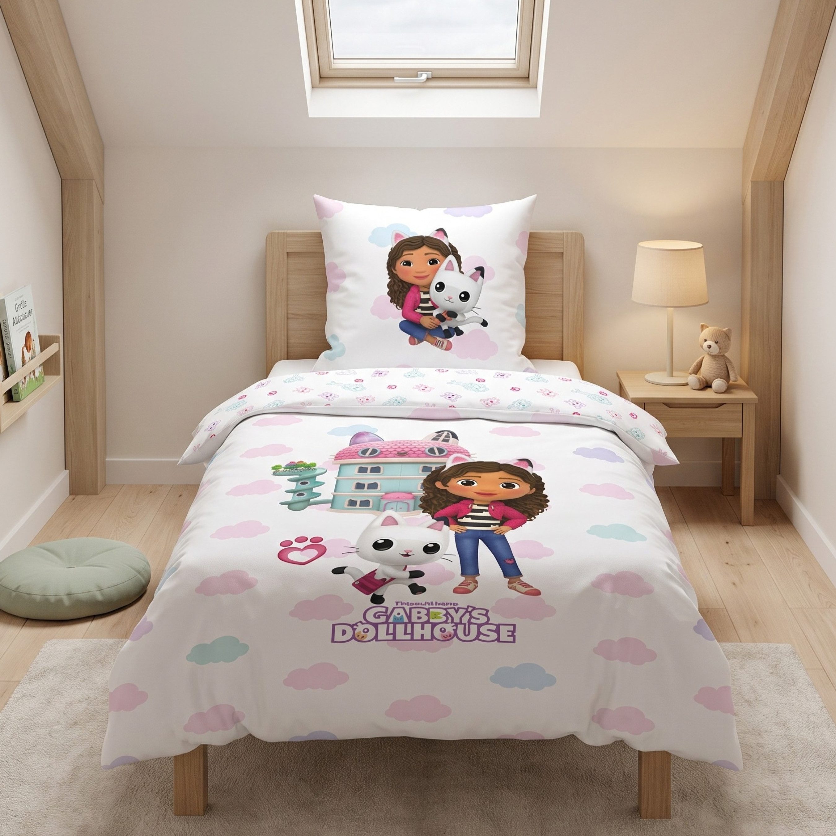 MTOnlinehandel Bettwäsche Gabby's Dollhouse 135x200 cm Flanell/ Biber Panda Pfötchen, 100% Baumwolle, 2 teilig, Kinderbettwäsche mit Puppenhaus, Pastellwolken & Katzen-Wendemotiv
