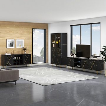 WISHDOR Sideboard Sideboard (TV-Schrank für 90-Zoll-Fernseher mit 3 Türen, Großer 200x35x60 cm), modernem Schwarz-Gold-Design