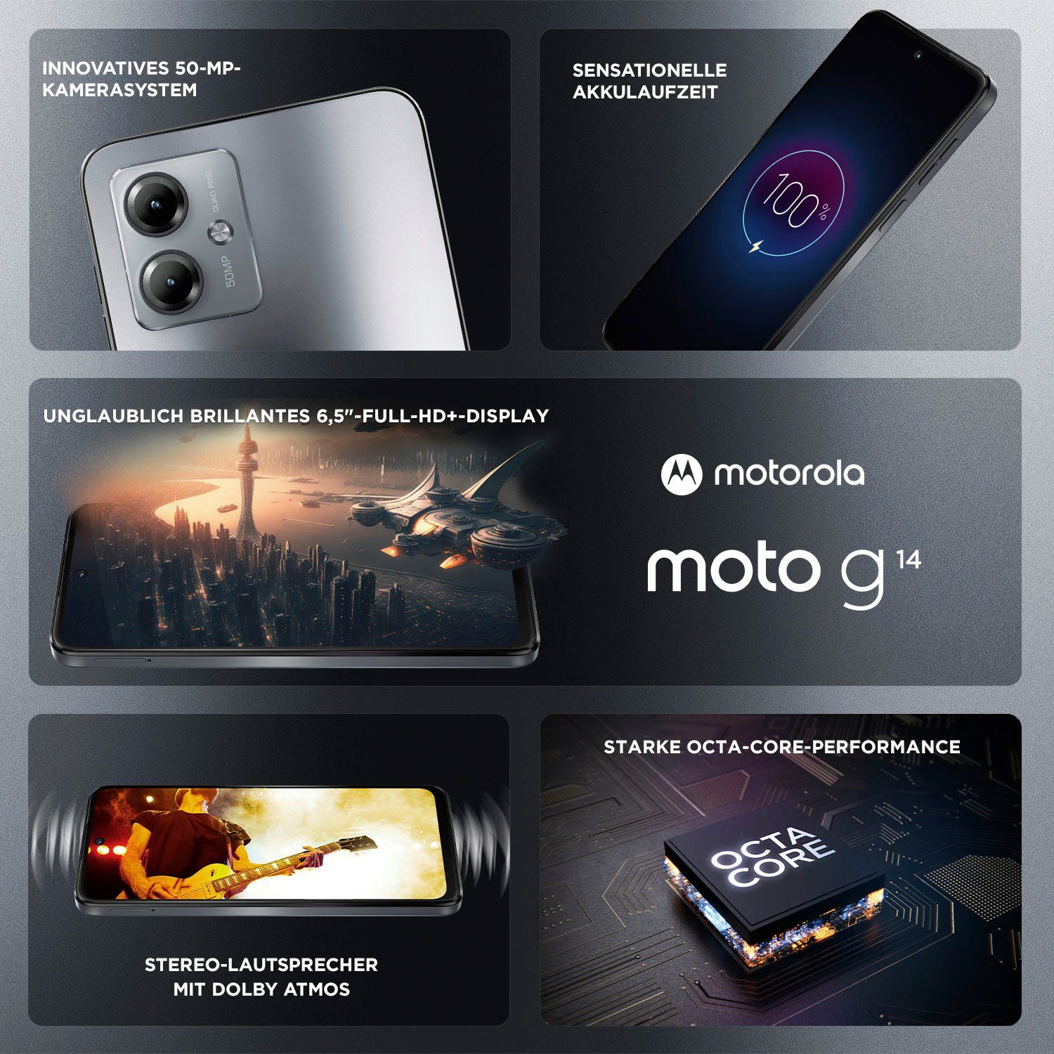 (16,51 Smartphone Grey 128 GB moto g14 50 Motorola Zoll, cm/6,5 Kamera) Speicherplatz, MP Steel