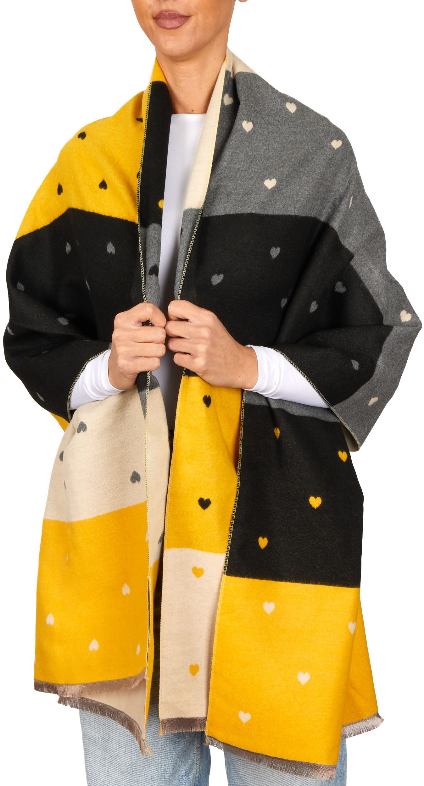 BRUBAKER Schal Cashmirillo Damen Schal mit Herz Muster - 70 x 200 cm, (Weiches Kaschmir-Gefühl, 1-St. für Herbst und Winter), Warm, Kuschelig und Oversized - Herbstschal Winterschal für Frauen