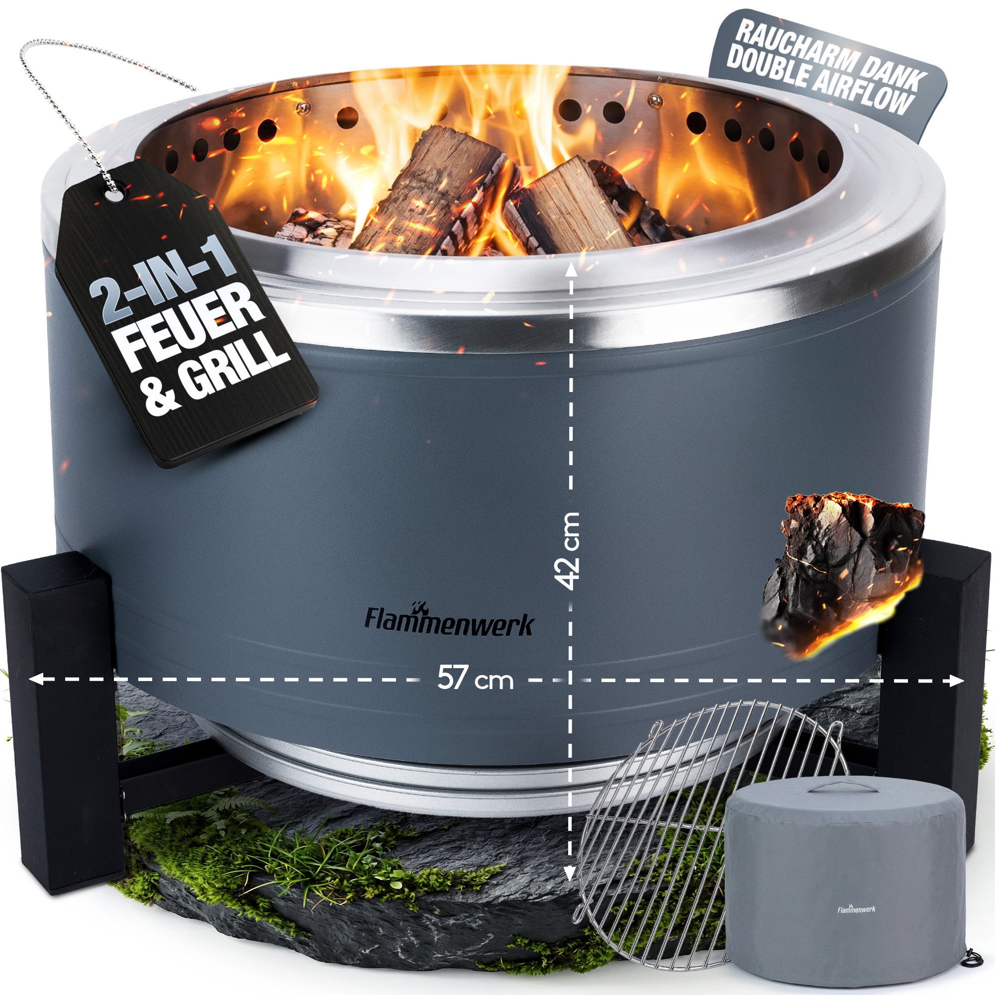 Flammenwerk Feuerschale Rauchfreier Feuerkorb 22" mit Grillrost & Abdeckung, (1-St., Inkl. Grillrost & Abdeckung), Feuerstelle & Grill für Garten, Camping & Terrasse