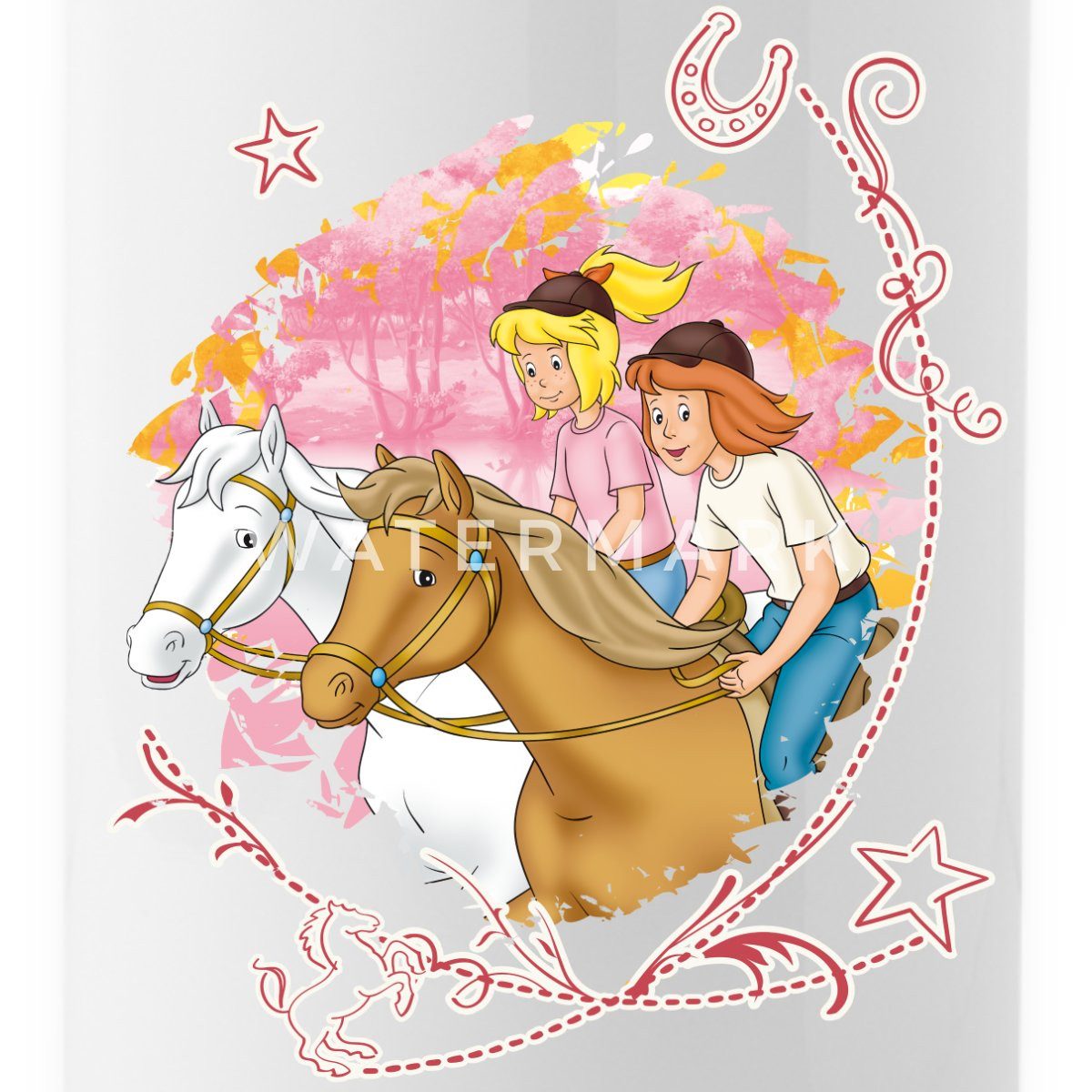 Spreadshirt Trinkflasche Bibi Und Tina Wettreiten Im Wald Wasserflasche mit Strohhalm