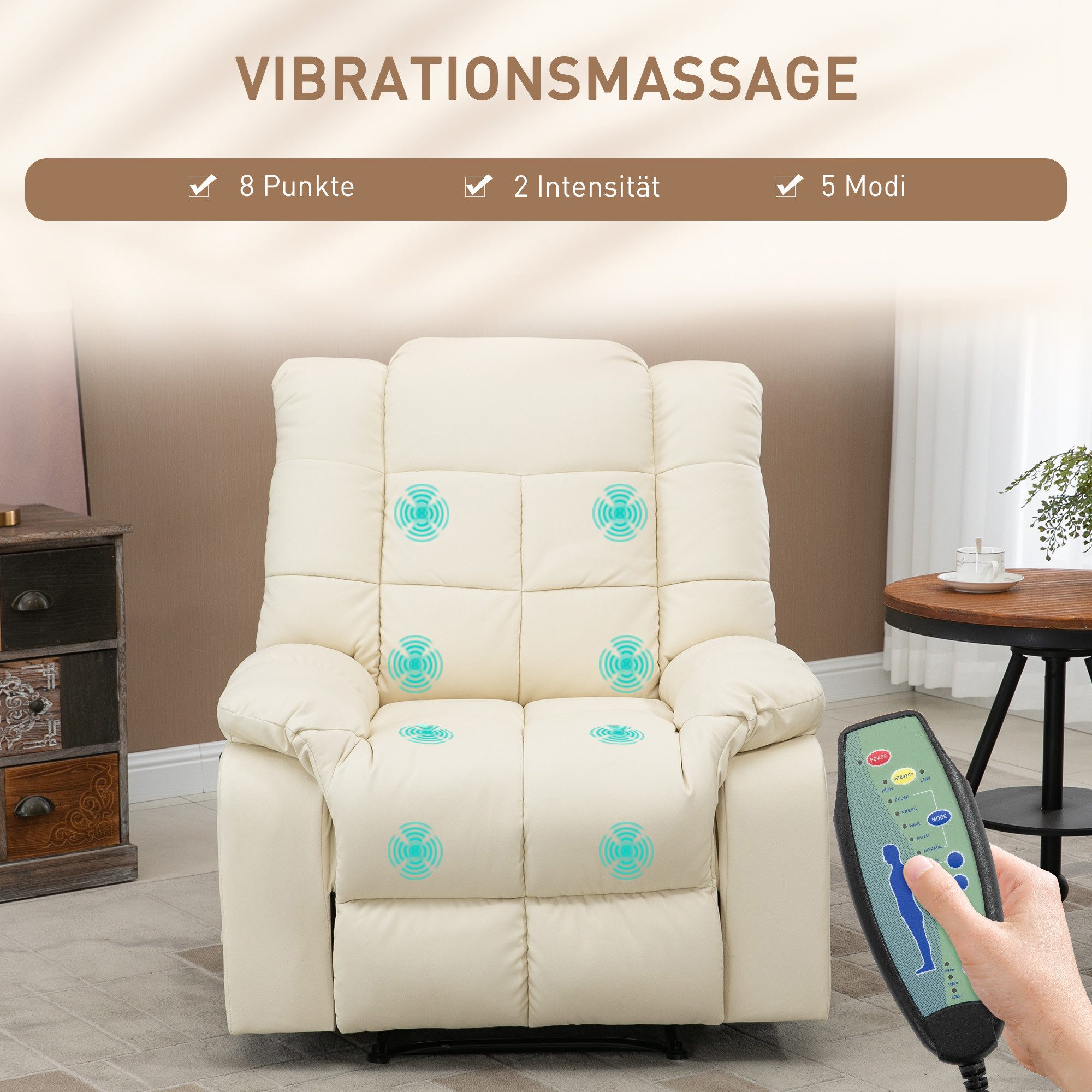 HOMCOM Massagesessel TV Sessel Liegesessel mit Liegefunktion Vibration (Relaxsessel, 1-St., Fernsehsessel), für Wohnbereich, Cremeweiß – Bild 4 von 5