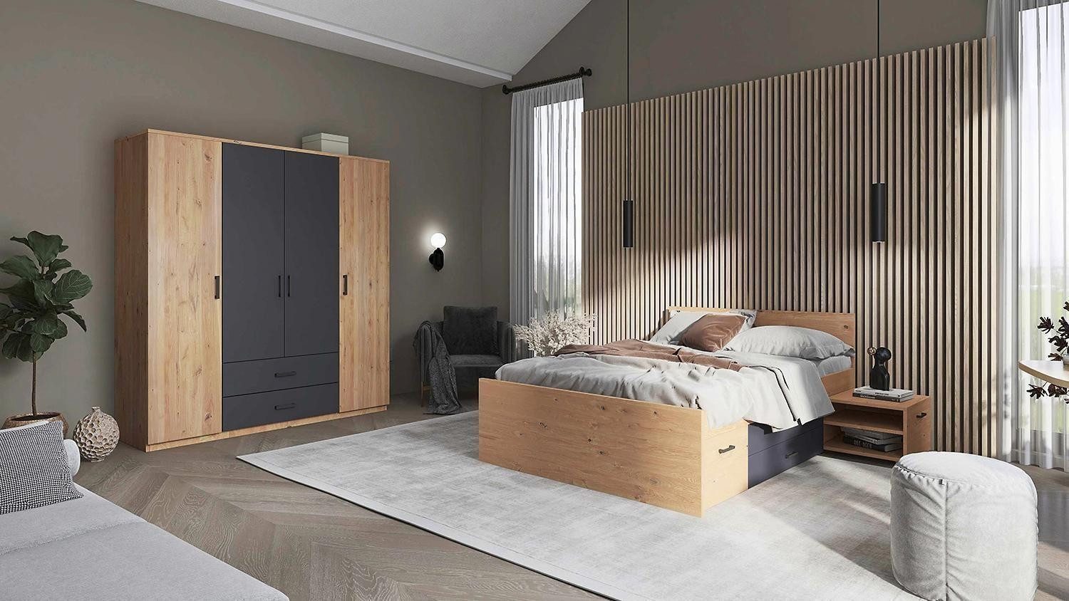 Inter Link Einzelbett LIORA, 140 x 200 cm, Artisan Eiche Dekor, Grau, 6 Schubladen, 2 ausziehbare Nachttische, B 145 x H 83 x T 204 cm