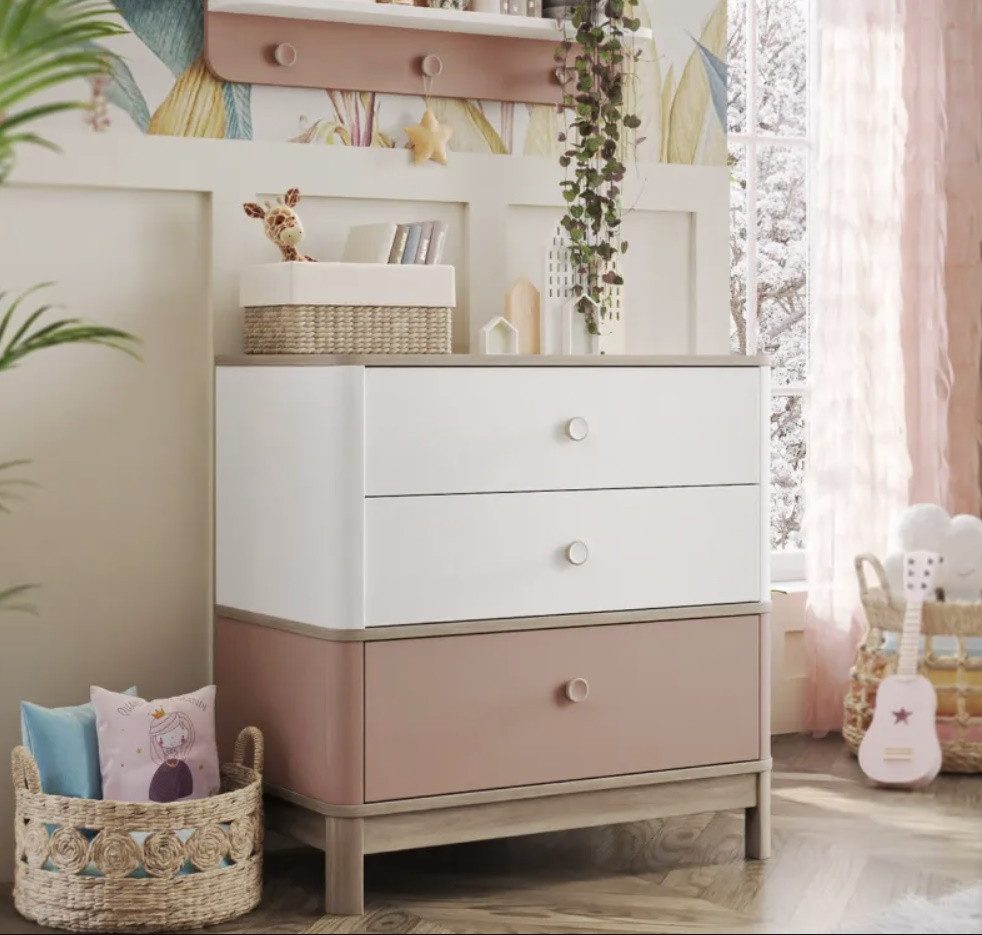 Möbel-Zeit Kommode BONO PINK Weiß & Pink – Sideboard mit 3 Schubladen