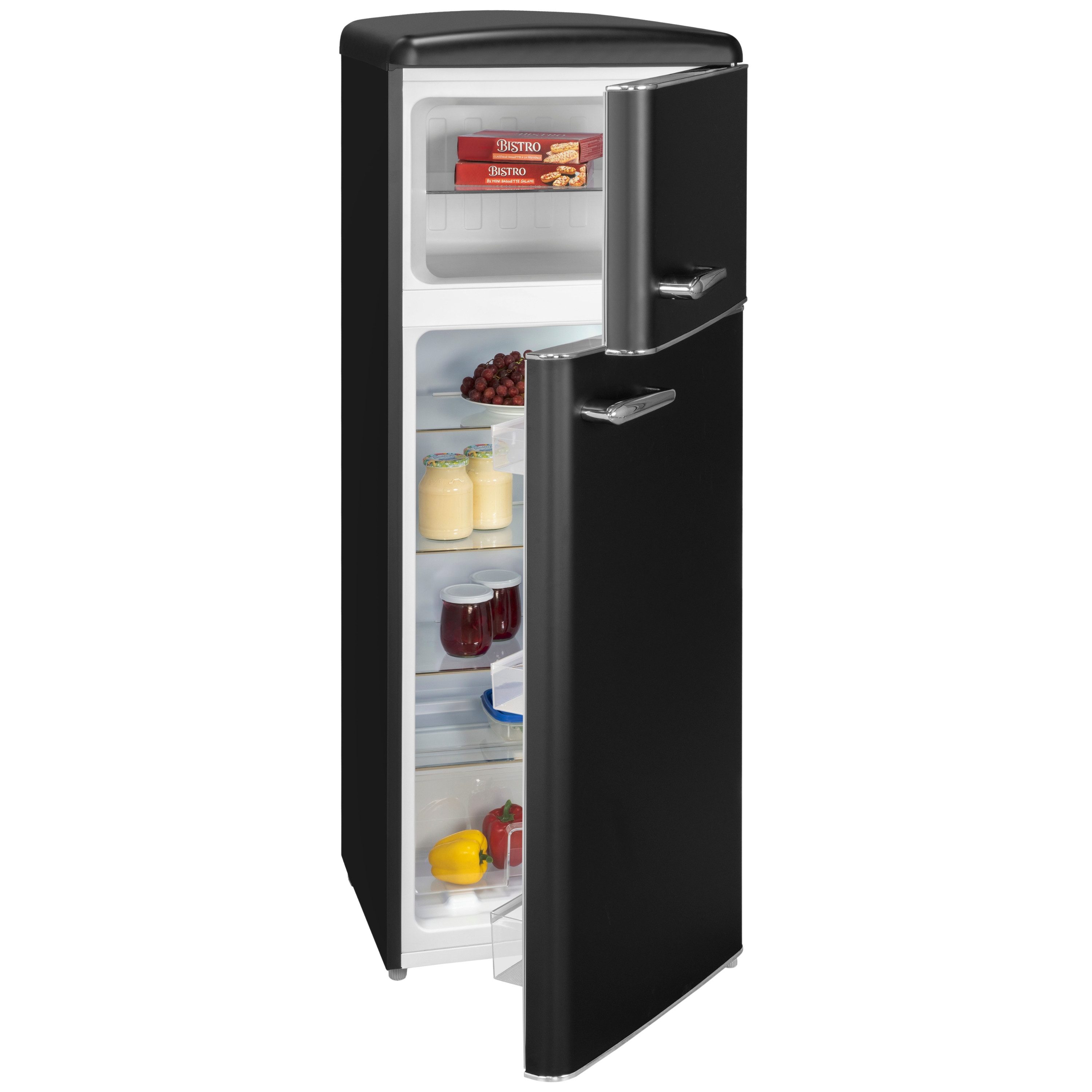 exquisit Kühl-/Gefrierkombination RKGC270-45-H-160C mattschwarz, 146,5 cm hoch, 54,5 cm breit, LED-Beleuchtung, verstellbare Glasböden, Retro-Design