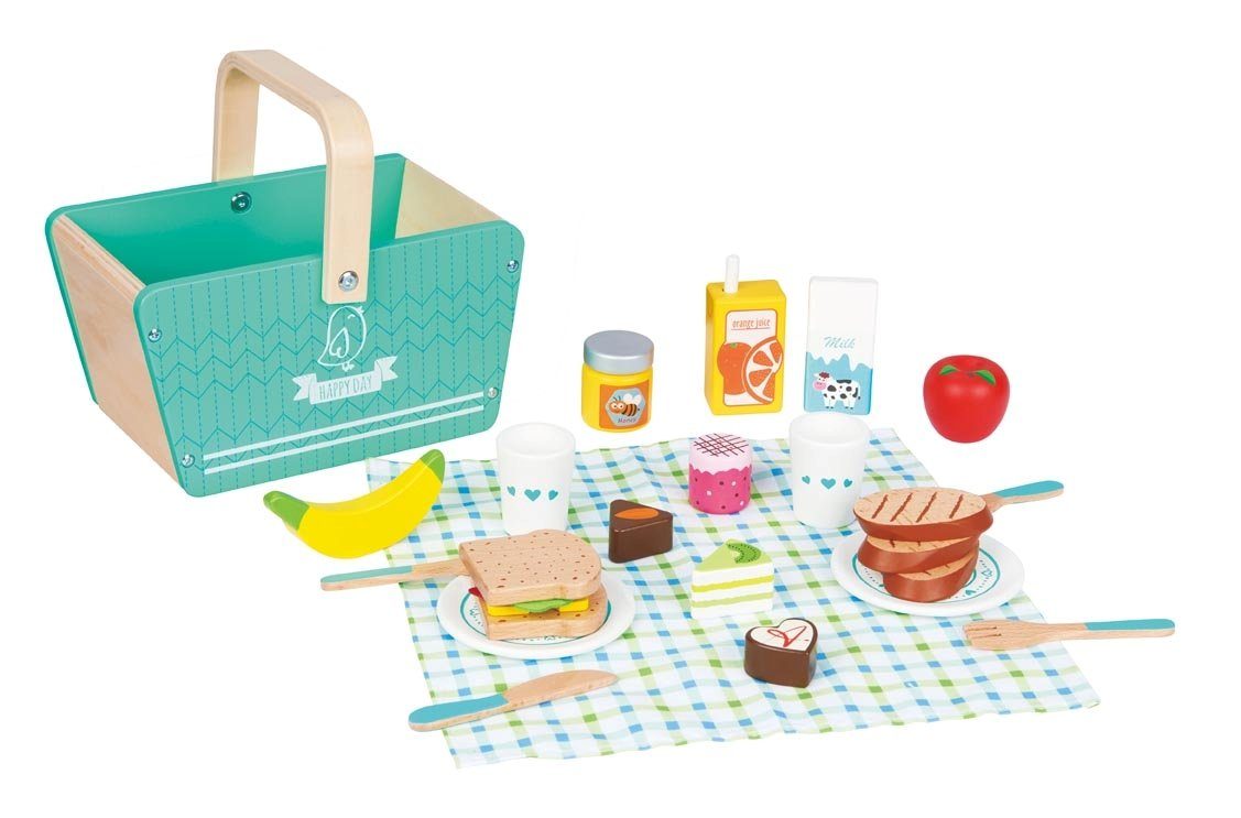 Lelin Lernspielzeug 40203 Holz Picknickset mit viel Zubehör, Decke und Korb - 26 teilig