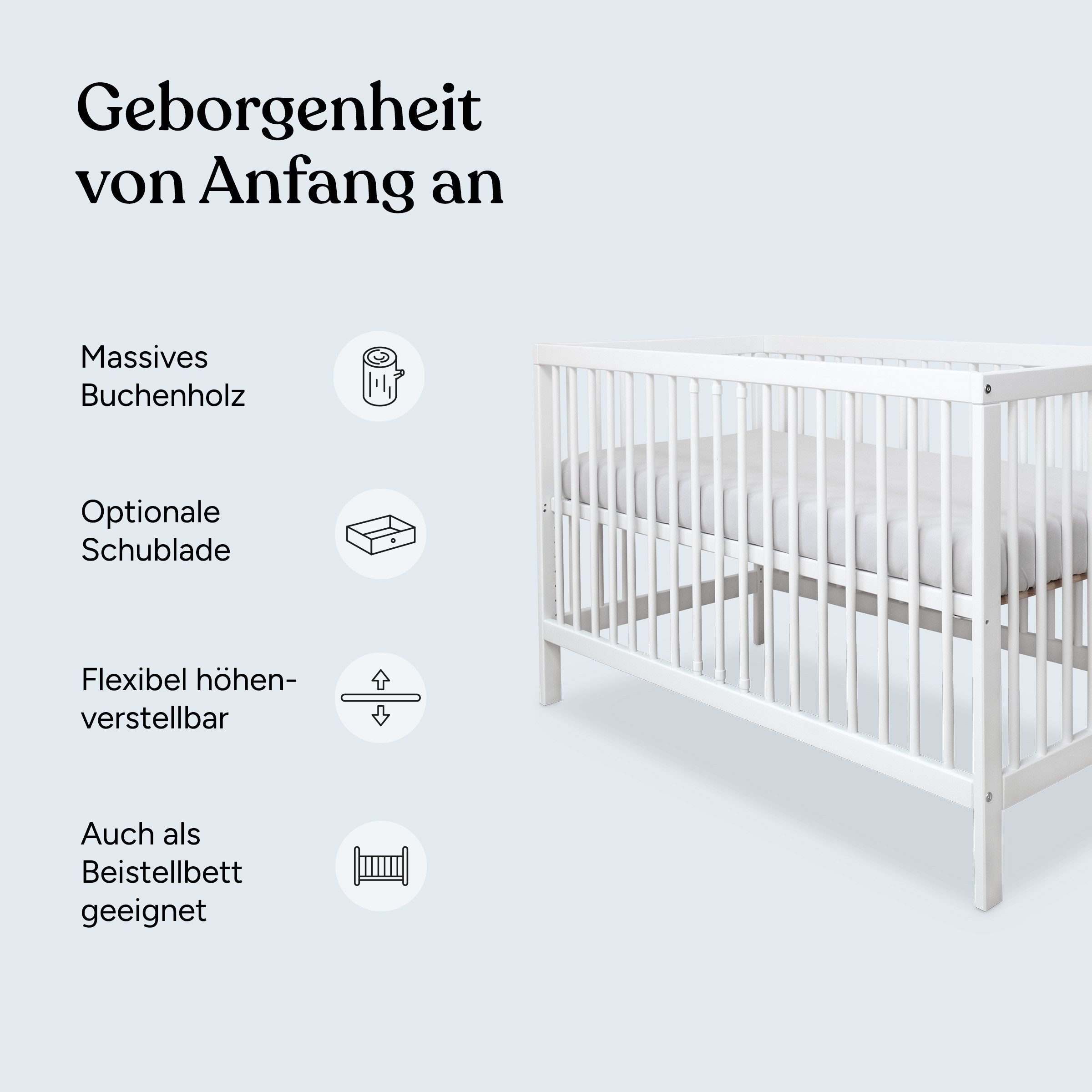 Ehrenkind Babybett PUR aus massivem Buchenholz, flexibel höhenverstellbar, Gitterbett, Kinderbett 9-Fach höhenverstellbar mit entnehmbaren Stangen Baby Bett