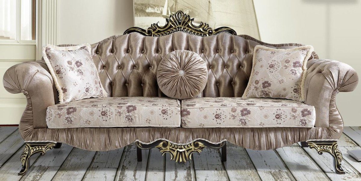 Casa Padrino Sofa Barock Sofa Braun / Beige / Schwarz / Gold 227 x 81 x H. 110 cm - Prunkvolles Wohnzimmer Sofa mit Blumenmuster - Barockstil Möbel