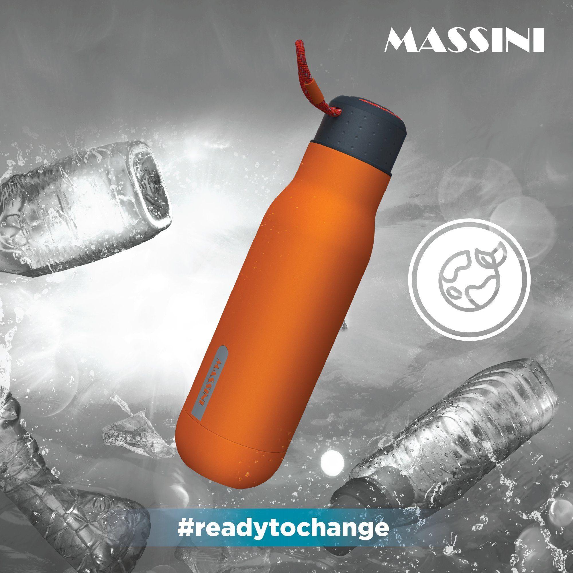 Massini Trinkflasche Design Edelstahl Trinkflasche Thermoflasche geeignet, und Kohlensäure BPA-Frei Auslaufsicher, Pulverbeschichtung, Feuerorange Isolier