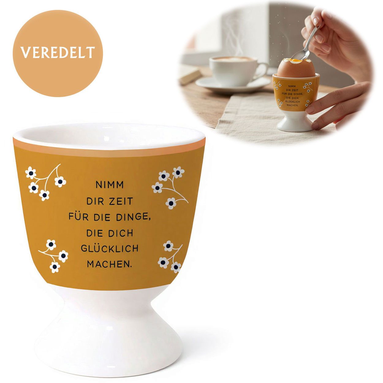 LS-LebenStil Eierbecher Eibecher Echt-Gold Spruch "Zeit für Dinge glücklich" Gute Laune Eier, (Exklusiver edler Eihalter, perfekte Deko am Frühstückstisch, 1-tlg., für das perfekte Frühstücksei, Geschenk zur Hochzeit, Verlobung), Muttertag, Vatertag, Ostern, Weihnachten