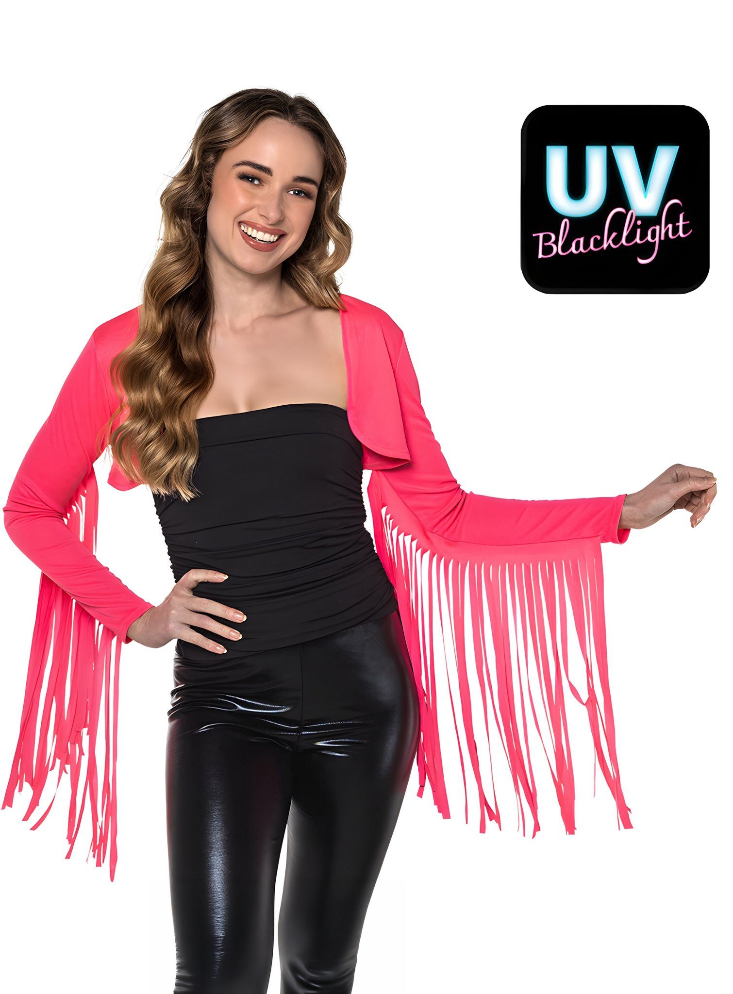 Boland Kostüm Festival Fransen Bolero neon-pink, Was ihr an Länge fehlt, macht sie mit Fransen wieder wett: Jäckchen