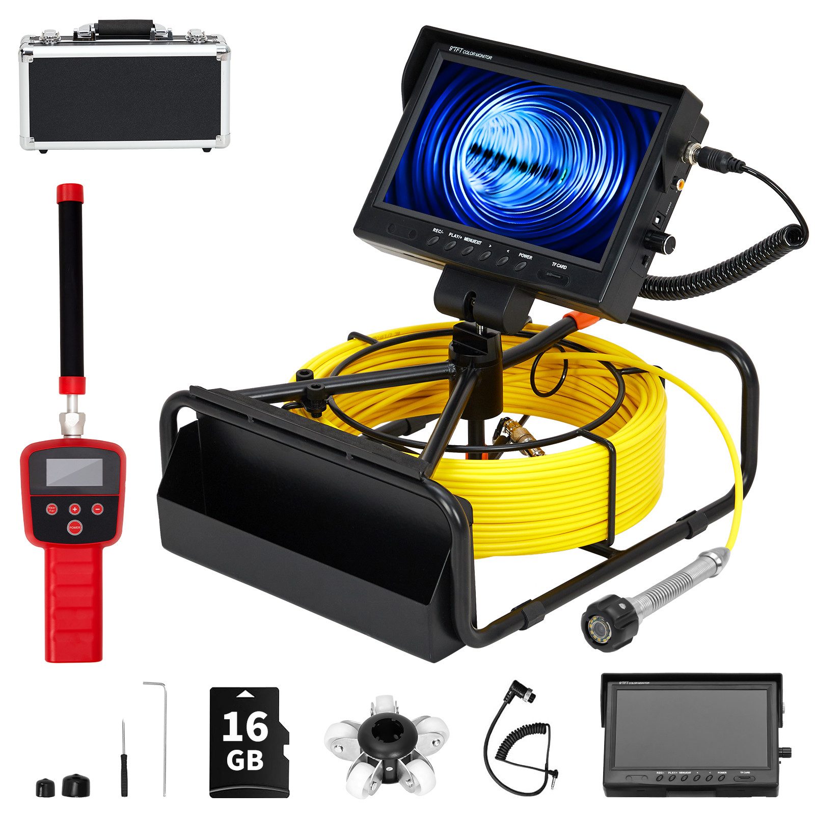 GarveeMore Industrie-Endoskop mit Kabel Inspektionskamera (inkl. 512Hz Locator & 16GB TF-Karte & Aluminiumkoffer, 9″ 1080P Monitor, IP68-Kamera mit 12 LEDs, 4500mAh Akku)