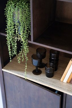LEVEN Lifestyle Highboard MIO Bücherschrank Regal aus Mangoholz mit Travertin Platte natur
