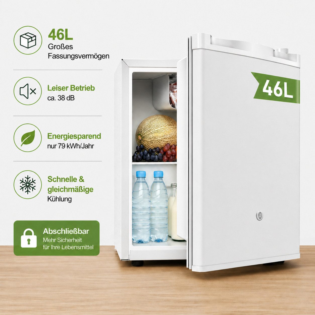 WELLENT Kühlschrank Mini-Kühlschrank mit Gefrierfach,leise,kompakter Getränkekühlschrank für Büro, Küche, Schlafzimmer & Hotel,7-stufige Temperaturregelung, abschließbar mit 2 Schlüsseln