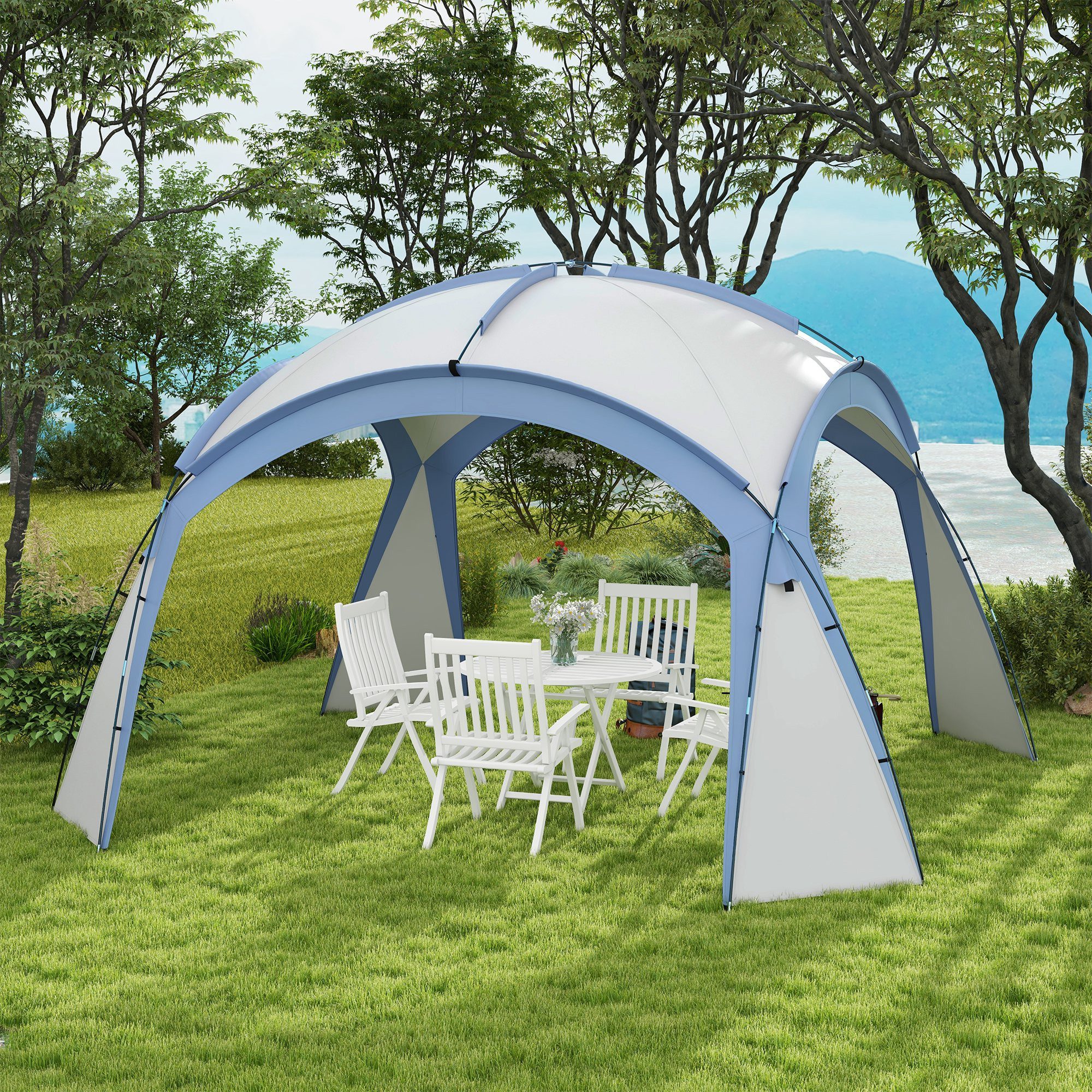 Outsunny Partyzelt 3,5 x 3,5m, mit Haken, Tür, mit 0 Seitenteilen, (winterfest Event Shelter, wasserabweisend Campingzelt), Sonnenschutz für Camping, Garten Festivals Blau