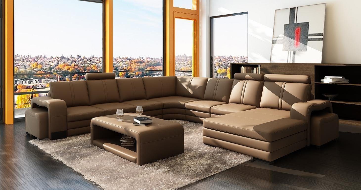 JVmoebel Wohnzimmer-Set, Ecksofa U-Form + 2x Hocker + Couchtisch Couch Design Polster Leder Beige