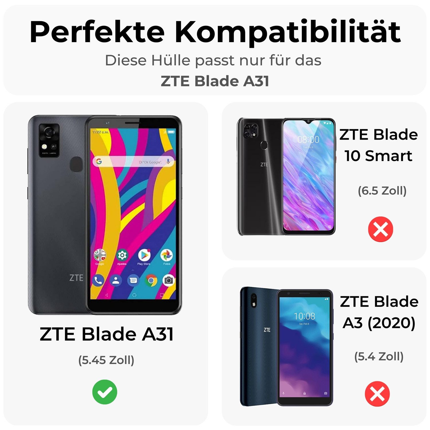 betterfon Handyhülle Handytasche für ZTE Blade A31 Klapphülle Grau, Bookstyle-Hülle: Magnetverschluss 3 Kartenfächer & Standfunktion