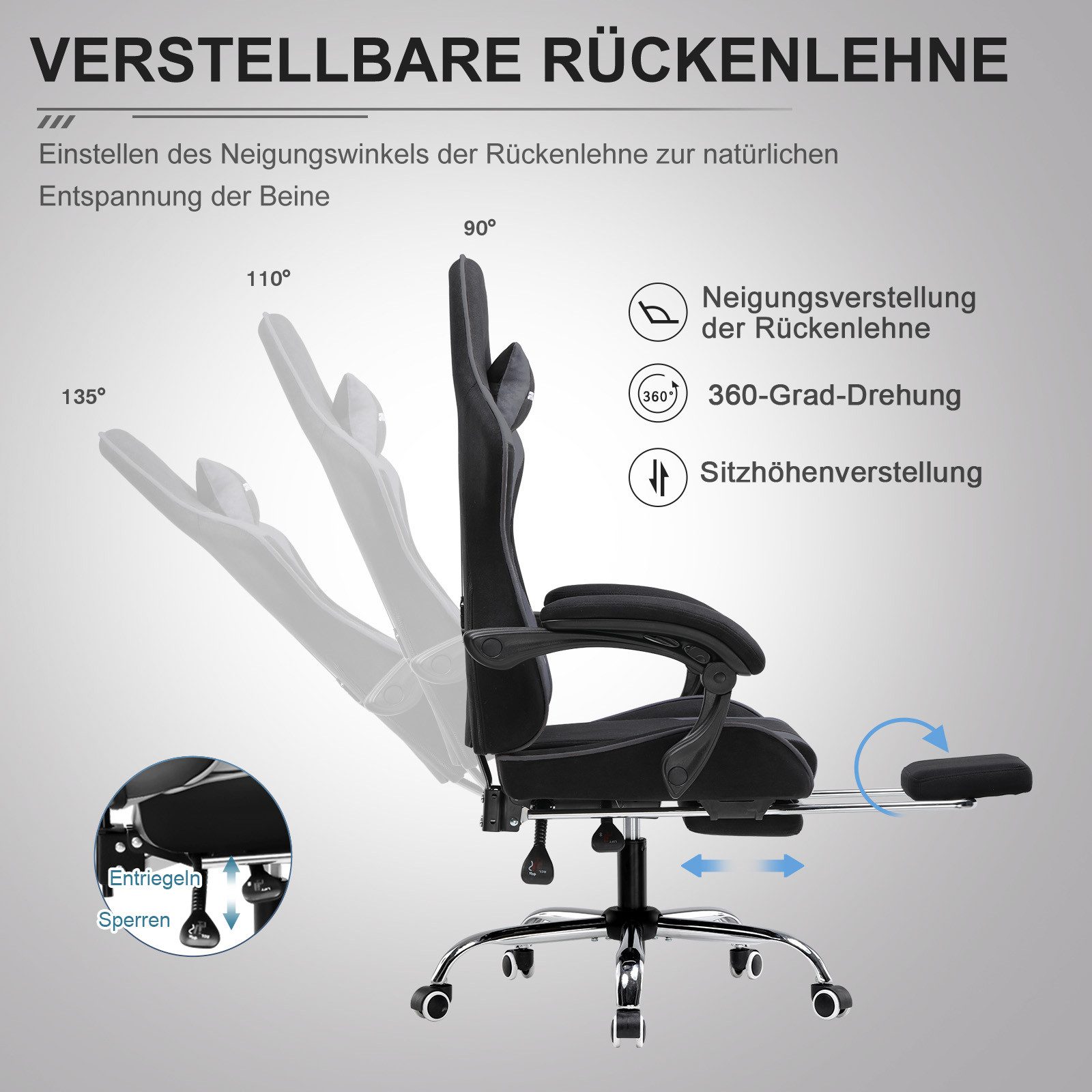GTPLAYER Gaming-Stuhl Bürostuhl mit Massagefunktion, Fußstütze, Kopfstütze (Packung), Ergonomischer Gamer Stuhl Maximale Belastung 150 kg, 360° drehbar – Bild 4 von 5