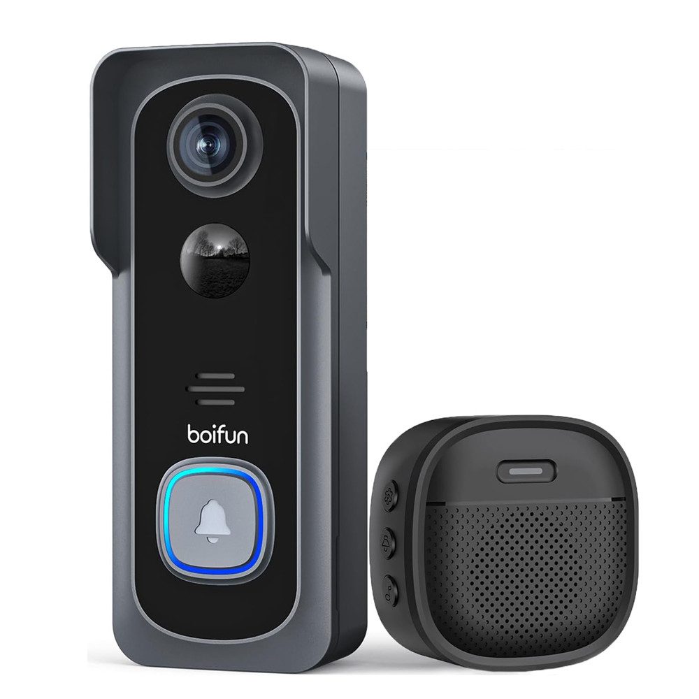 Boifun Smart Home Türklingel Türklingel-Set Smart WiFi Video Intercom 2K-HD-funkklingel mit Kamera (Außenbereich, Aussen, außen, 4 Klingeltöne, 3-stufige Lautstärke, 940-nm-Infrarot, bis 10m, CMOS-Sensor, Echtzeit-Überwachung, Allwetterschutz, Nachtsicht, KI-Chips, 166° Weitwinkel, 2-Wege-Audio, 3MP Pixel, PIR-Bewegungserkennung, IP65, Hochleistungs-IR-LED, APP)