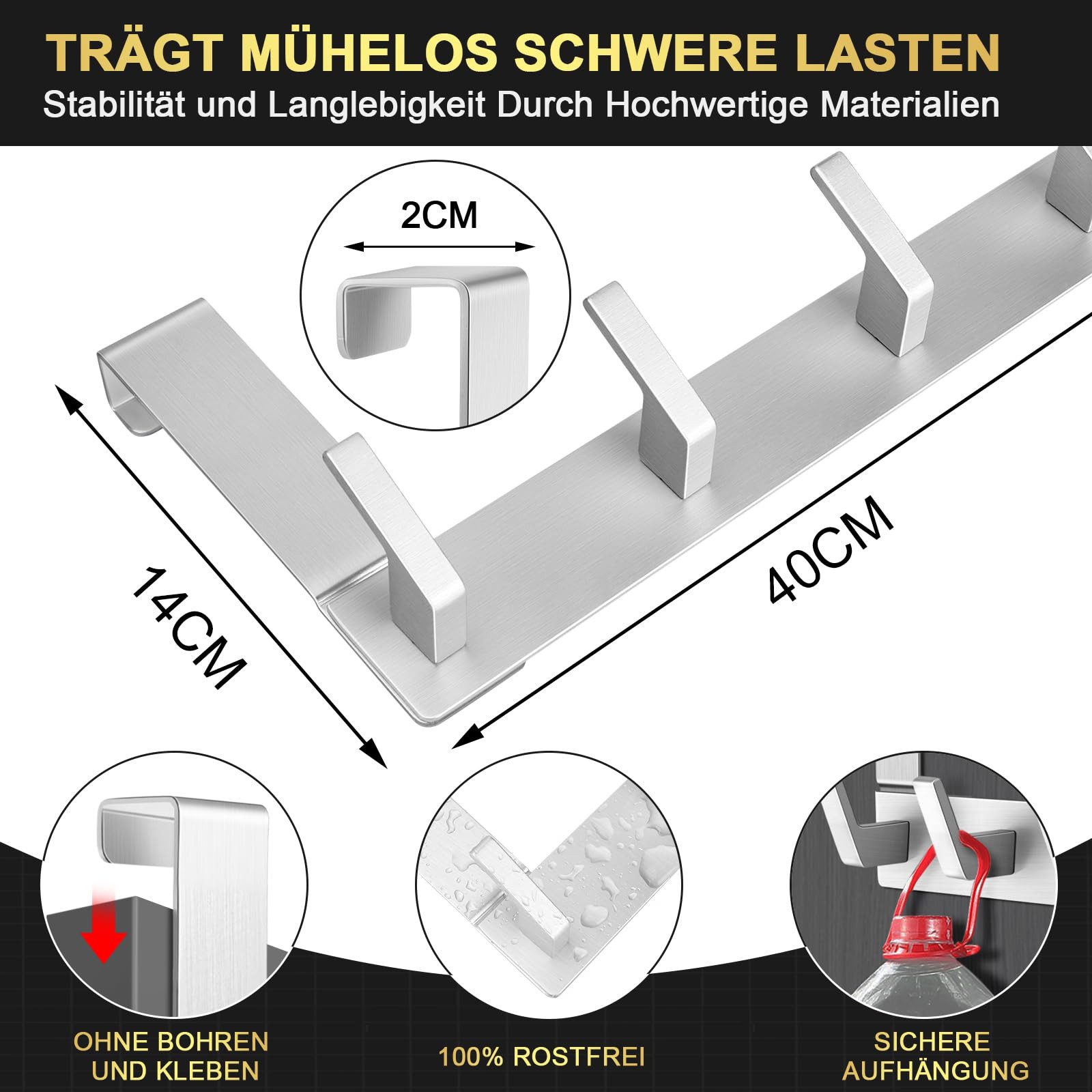 FOUORTUNATE-BEE Türhaken Türgarderobe zum Einhängen mit 6 Haken, für Flur, Bad und Küche, Tür, Schlafzimmer, (Kleiderhaken Tür für Badezimmer Türhakenleiste Mod – Bild 4 von 5