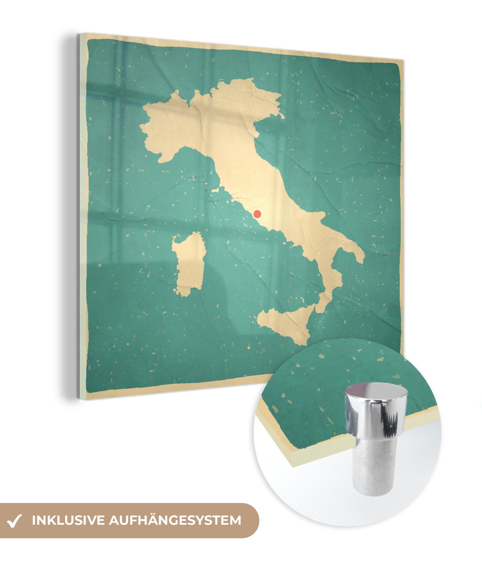 MuchoWow Acrylglasbild Karte von Italien - Retro, (1 St), Glasbilder - Bilder auf Glas Wandbild - Foto auf Glas - Wanddekoration