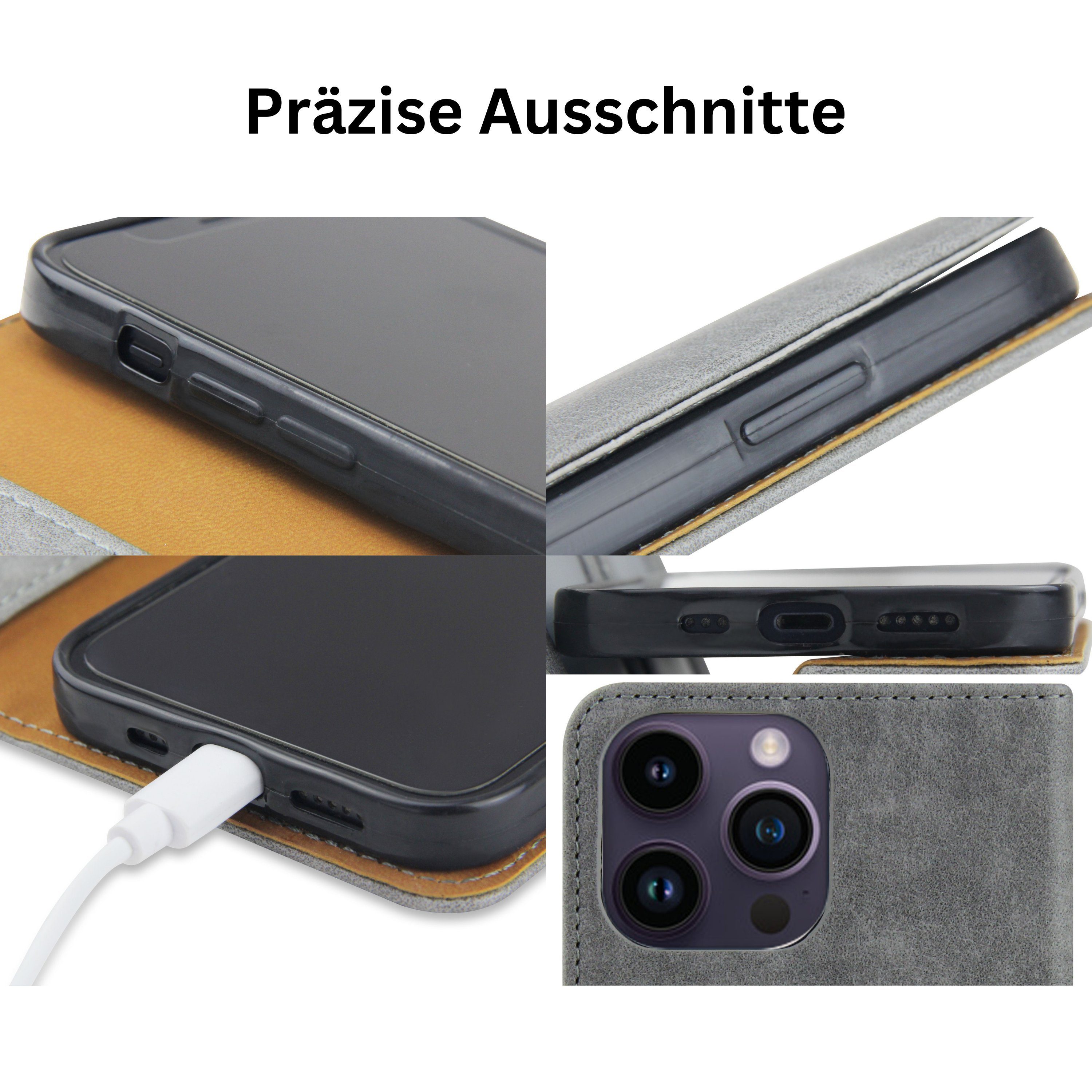 Frentree Handyhülle aus echtem Leder für iPhone 12, 13, 14, Magnetverschluss mit 4 Kartenfächern & 2 Sichtfenstern, Handy-Ständer
