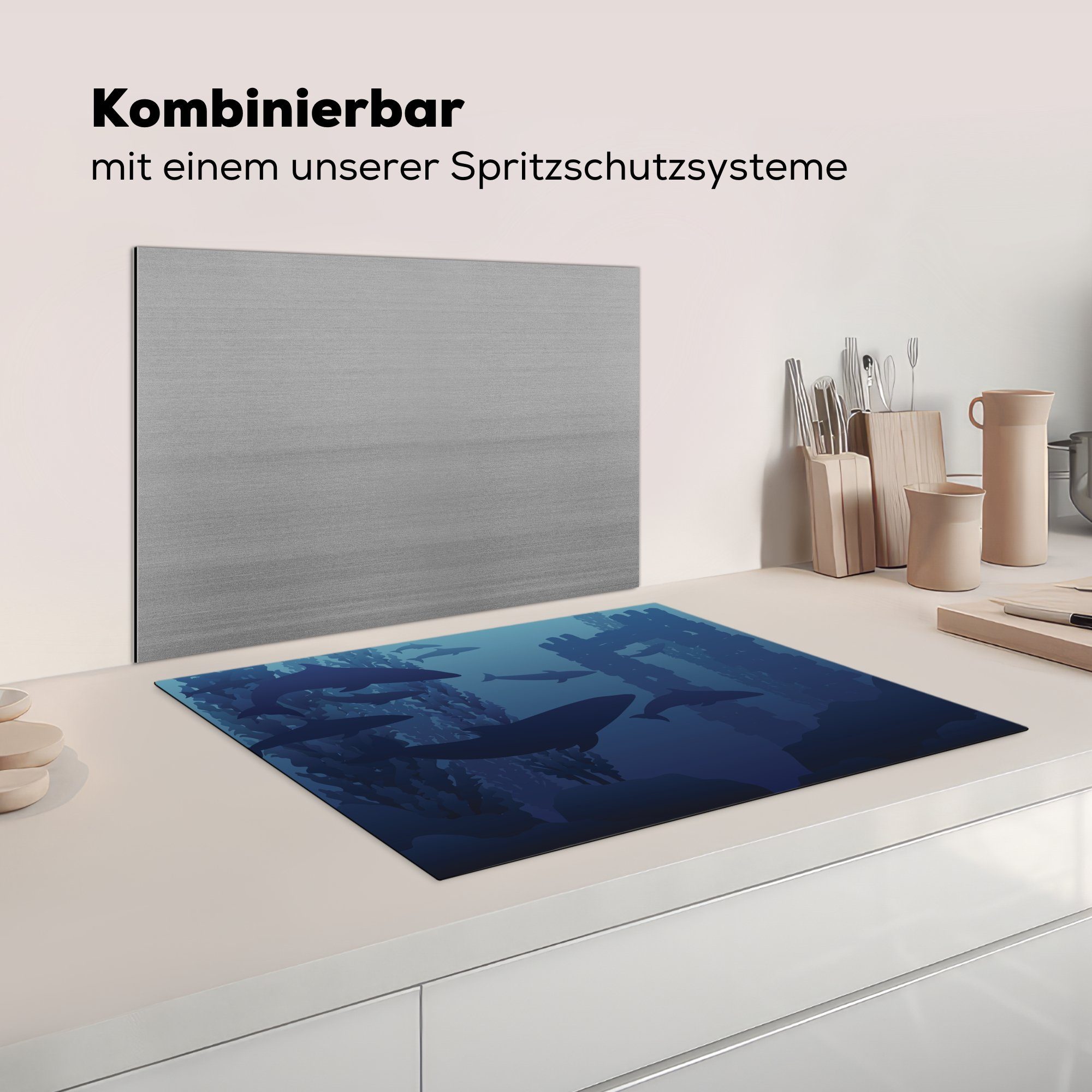 cm, - Arbeitsfläche tlg), 70x52 Silhouette, Herdblende-/Abdeckplatte Mobile Vinyl, MuchoWow Ozean (1 - Ceranfeldabdeckung nutzbar, Delfine