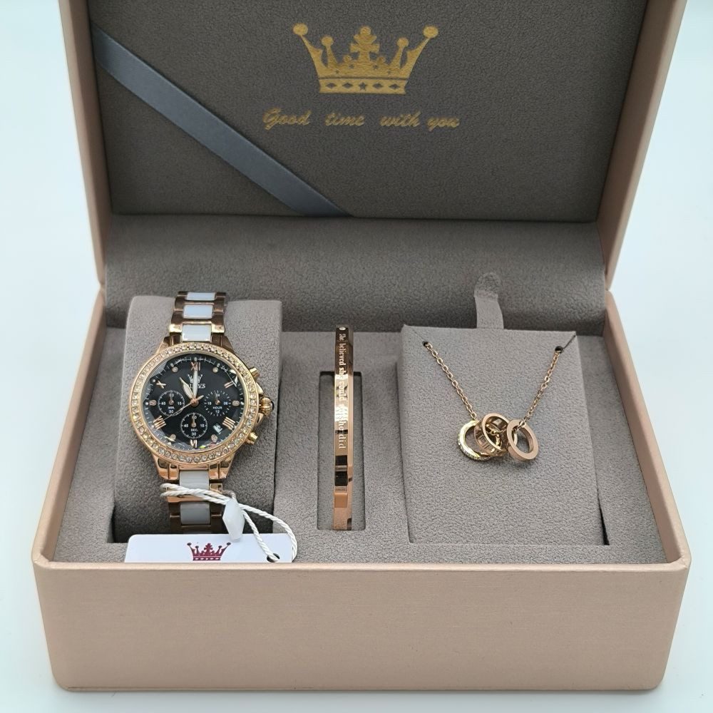 Quarzuhr Olevs Uhr Keramik Luxus Damen Zifferblatt schwarz 3tlg Geschenkbox 9999