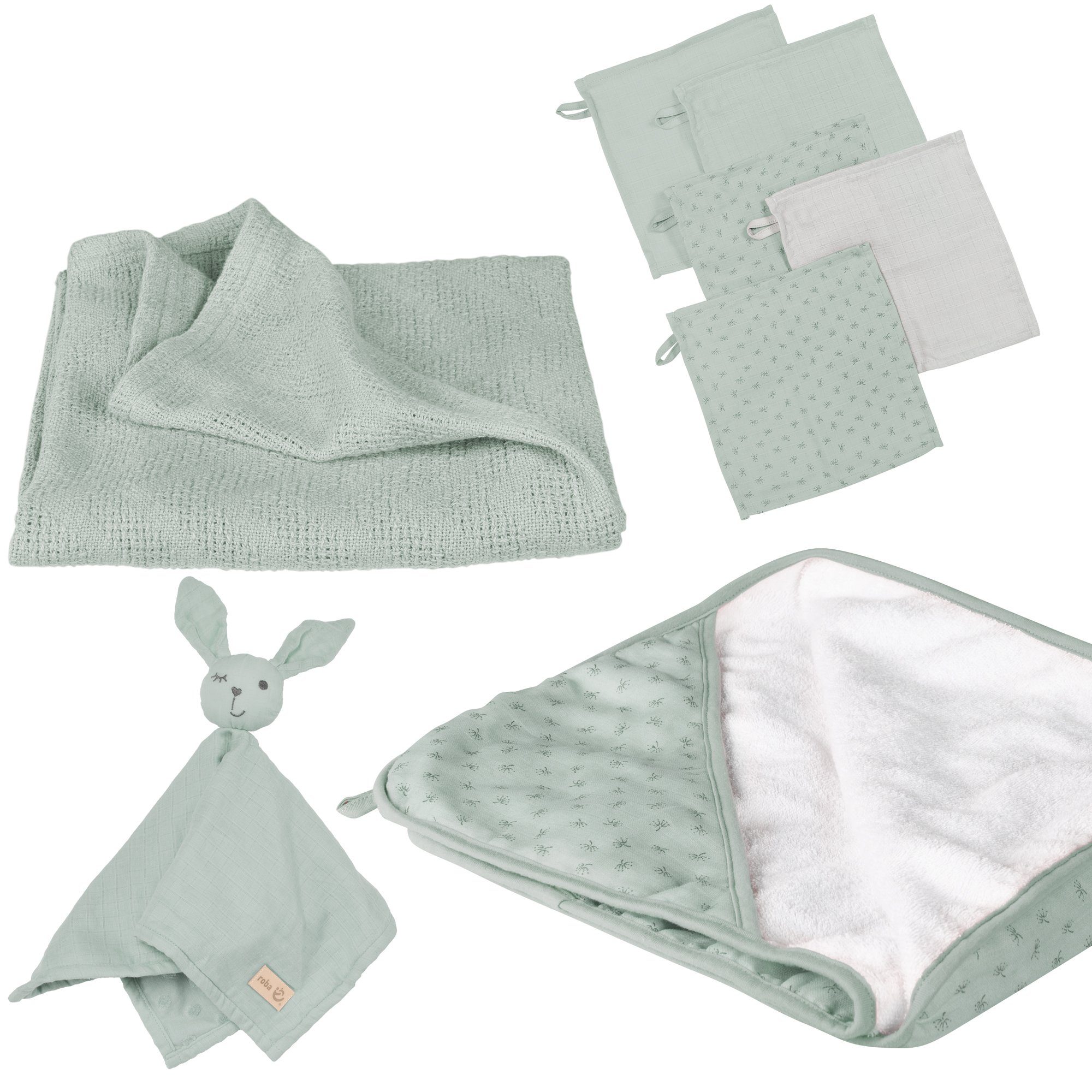 Planet Neugeborenen-Geschenkset Lil frosty Waschlappen, Schmusetuch & roba® Decke green Handtuch,