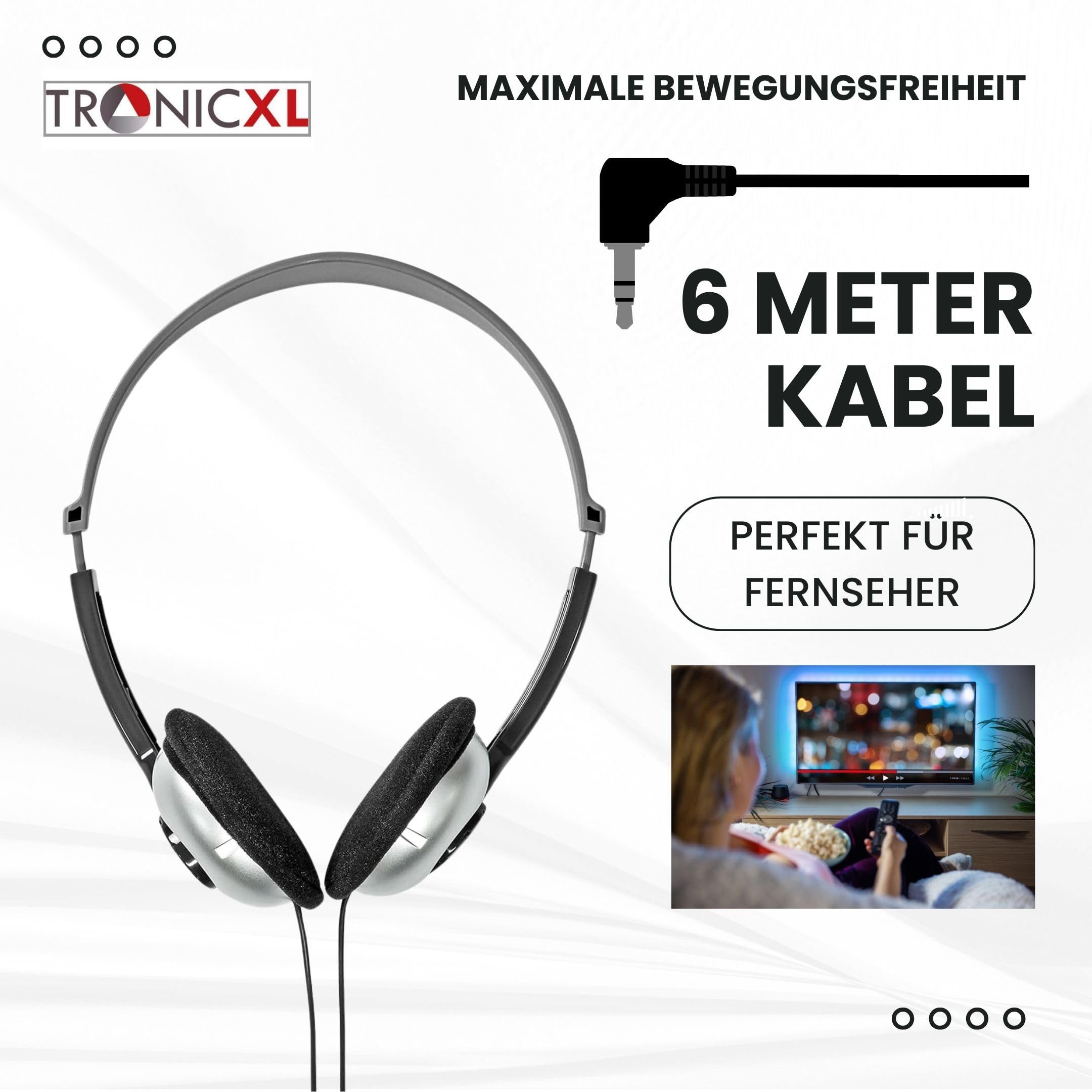 TronicXL Fernseh Kopfhörer 6m langes Kabel Kopfbügel Klinke TV lang 3,5mm HiFi-Kopfhörer – Bild 5 von 5