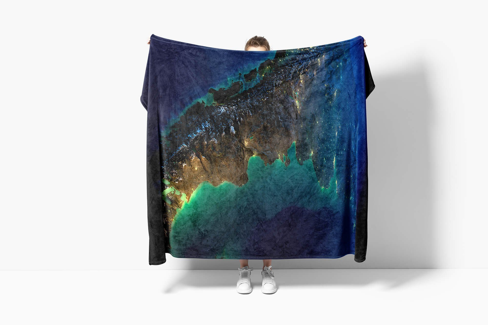 Sinus Baumwolle-Polyester-Mix Handtuch mit Kuscheldecke Strandhandtuch Satellitenauf, Art Erde Fotomotiv Handtücher (1-St), Saunatuch Handtuch