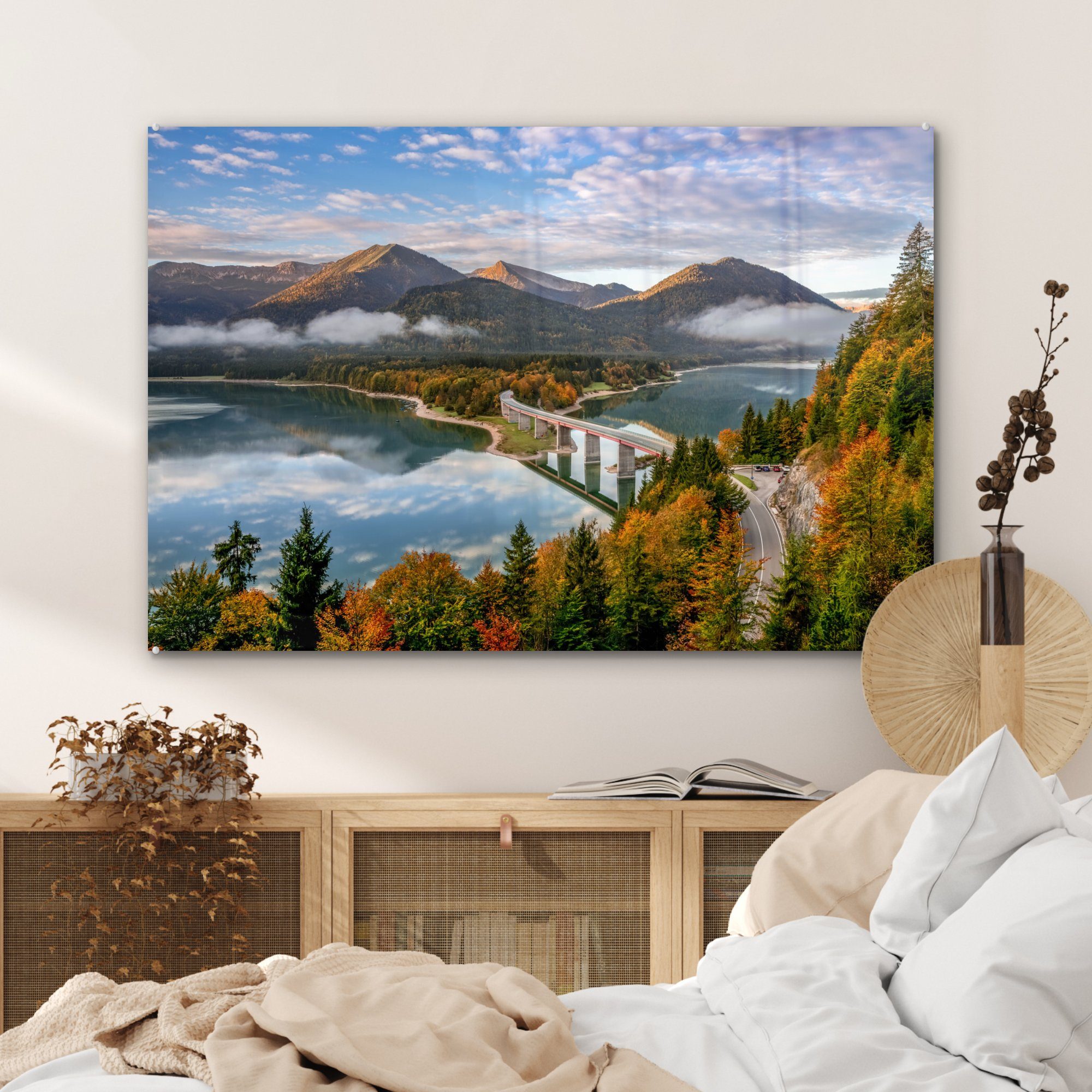 Alpen - Acrylglasbild MuchoWow - St), Wald, & Acrylglasbilder Brücke (1 Schlafzimmer Wohnzimmer