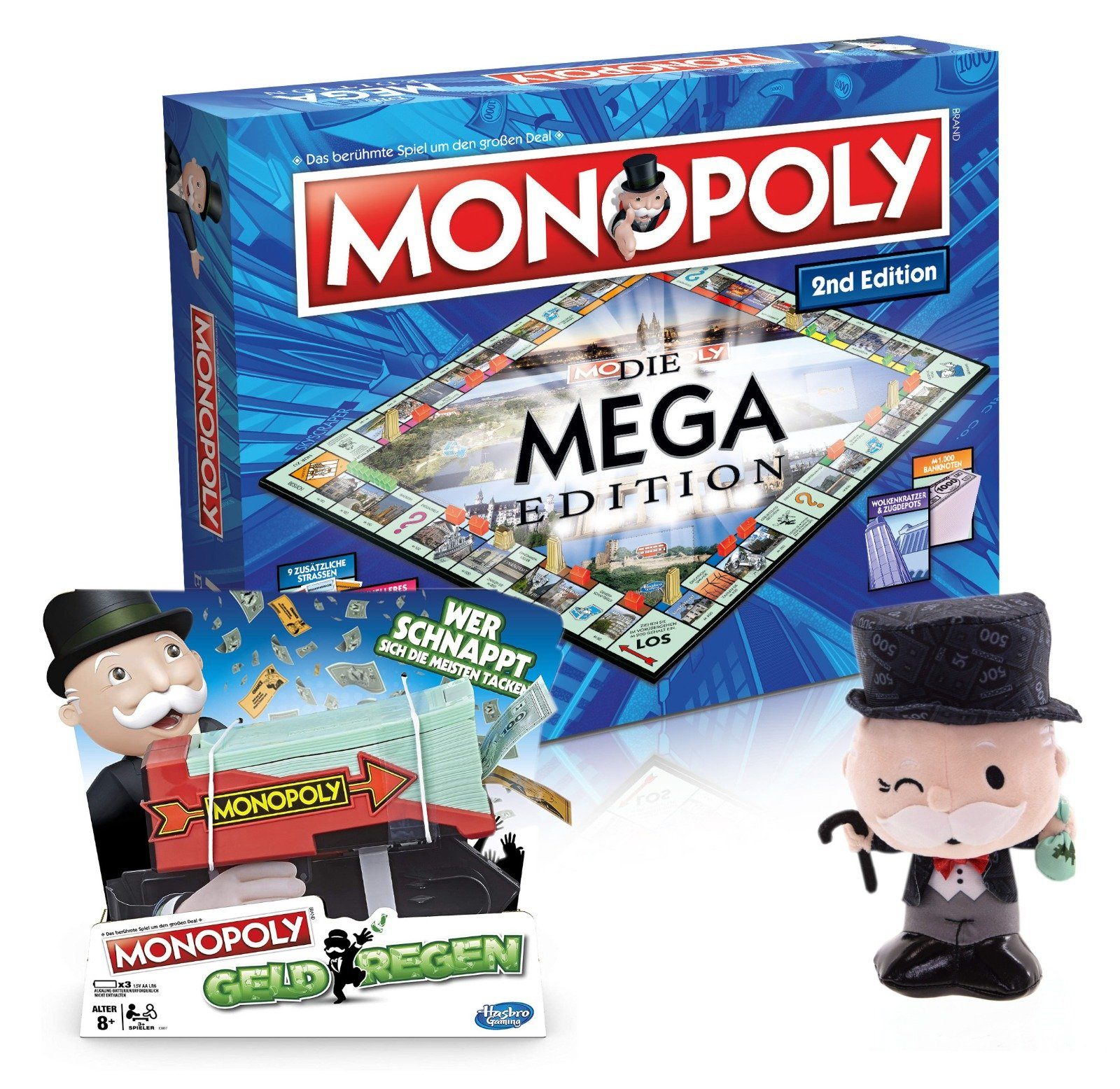 Winning Moves Spiel Monopoly Mega 2nd Edition + Geldregen + Mr.Monopoly Plüsch, Brettspiel, mit Tempowürfel
