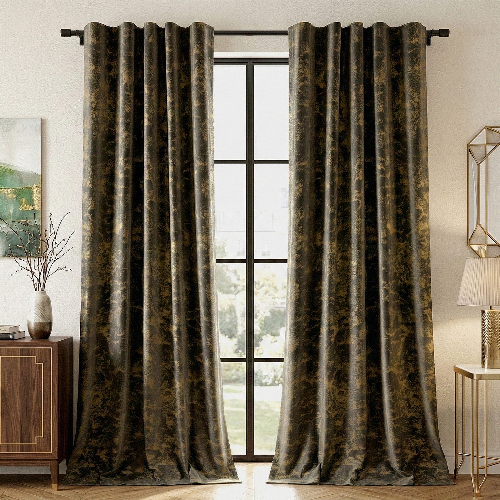 Lapamax Verdunkelungsvorhang Samt-Verdunkelungsvorhang im 2er-Set, 132 cm breit, mit Goldprint (2 St), Multifunktionsband, blickdicht, Samt, Multifunktionsband mit Bindebändern, schonend waschbar und praktisch