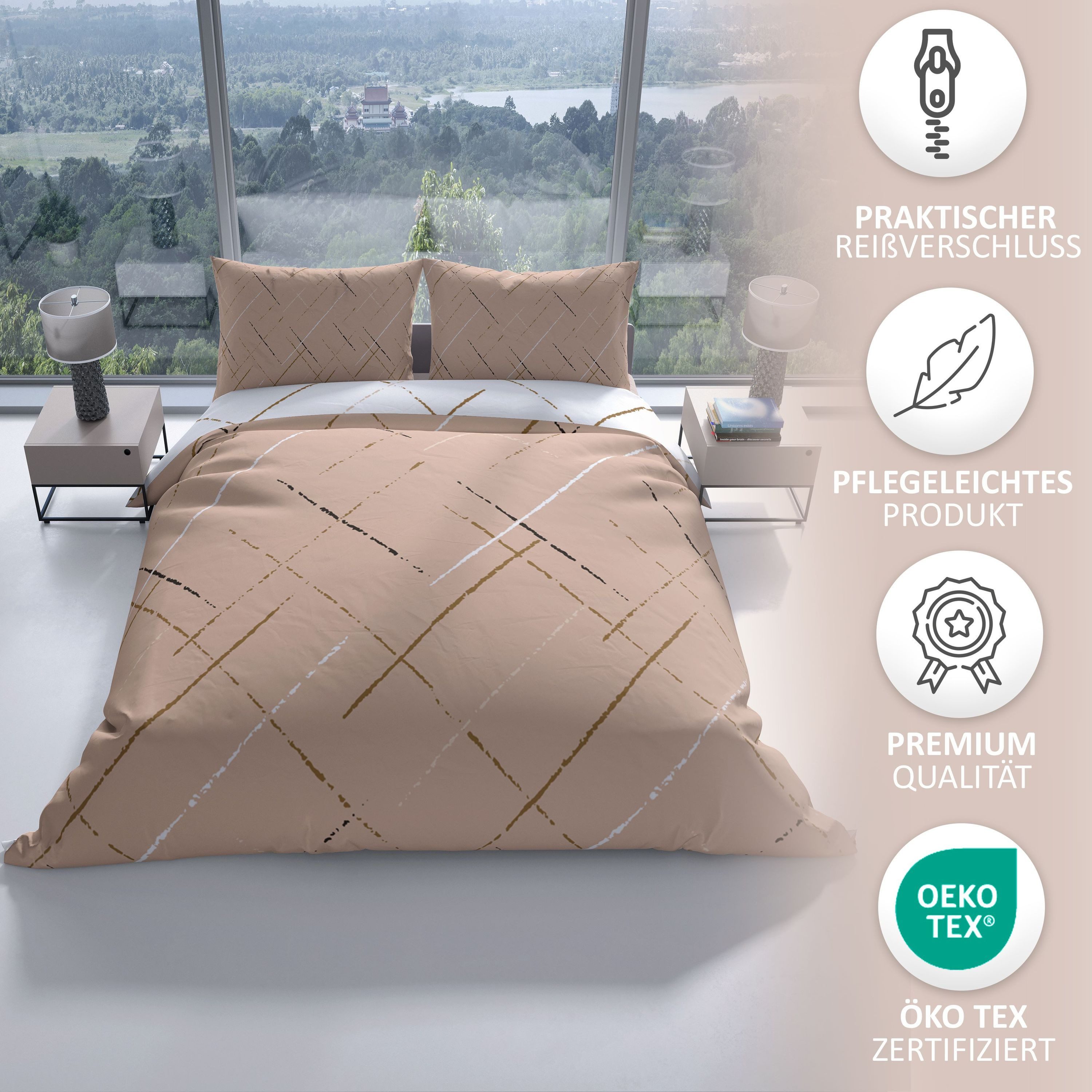 Leonado Vicenti Bettwäsche Hochwertige Polycotton, Baumwolle, 4 teilig, schlichtes Streifen Design mit Wendeseite, Beige, Grün und Grau