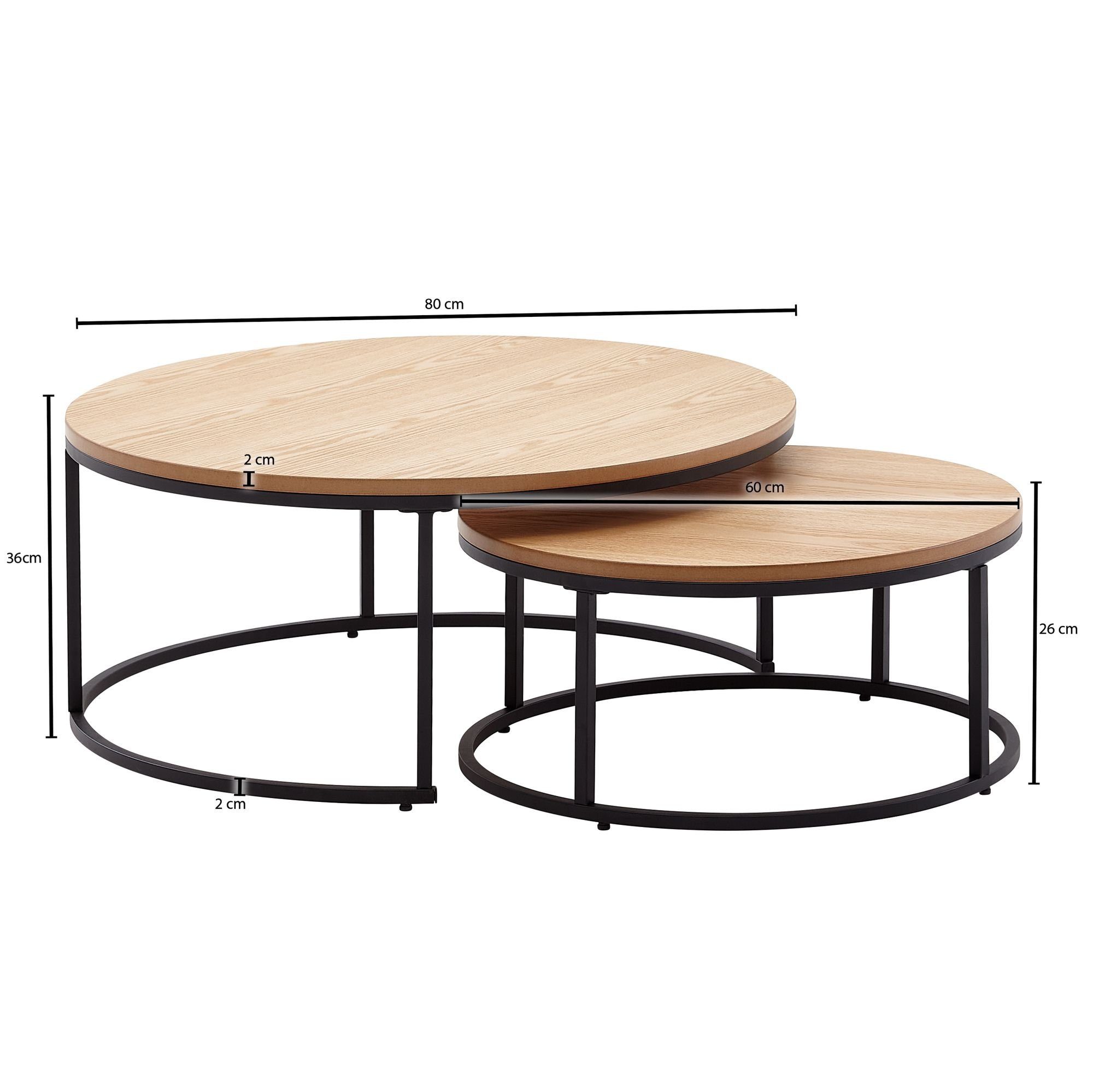 möbelando Couchtisch Couchtisch 2er Set Holz / Metall Sofatisch Rund Eiche Modern, Design (2er Set), 80 cm (L)