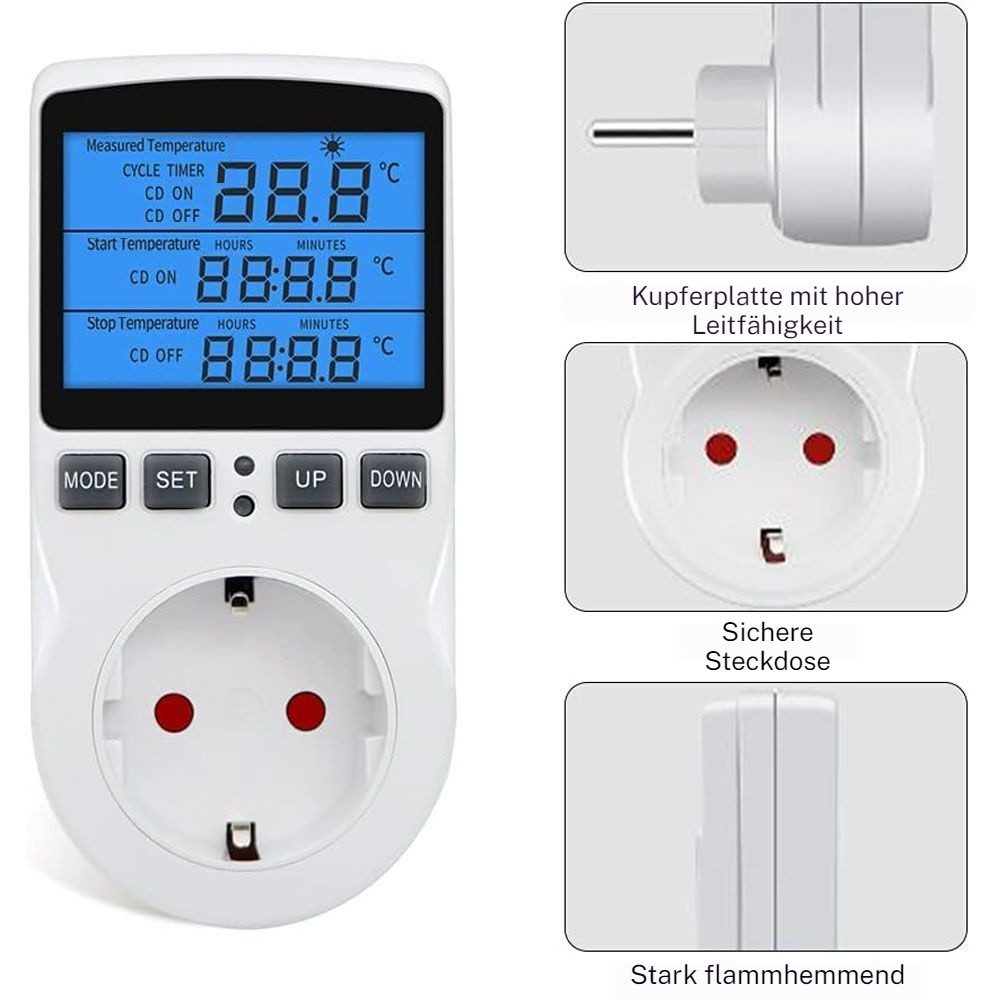 VIVIHEYDAY Steckdosen-Thermostat Thermostat Steckdose, Digitaler Temperaturregler mit, Fühler Heizung Kühlung, Thermostat Socket Temperaturschalter