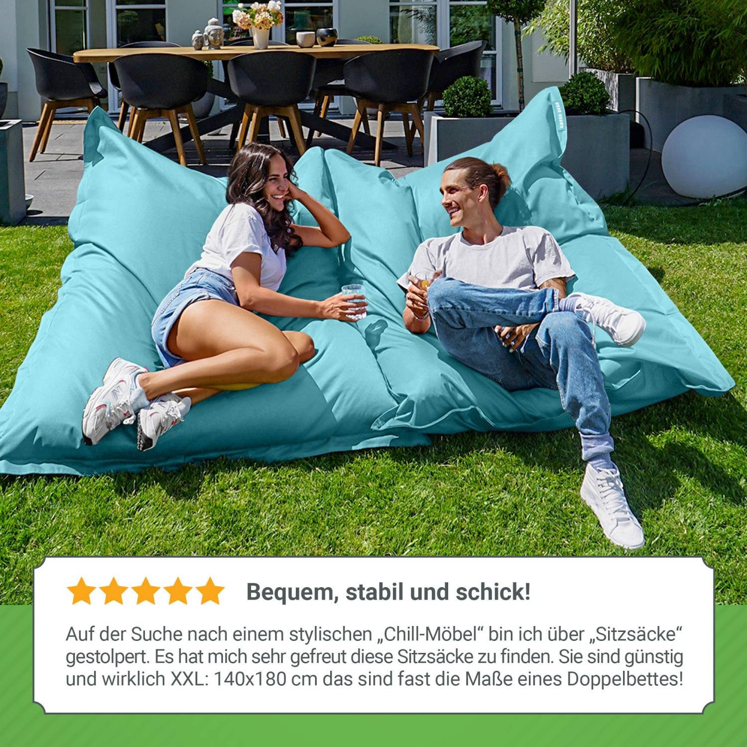 Green Bean Sitzsack XXL Outdoor Sitzsack Square 140x180cm (XXL Riesensitzsack 140x180cm 380 Liter Kinder & Erwachsene Bean Bag EPS Perlen Füllung, Groß Draußen  – Bild 4 von 5