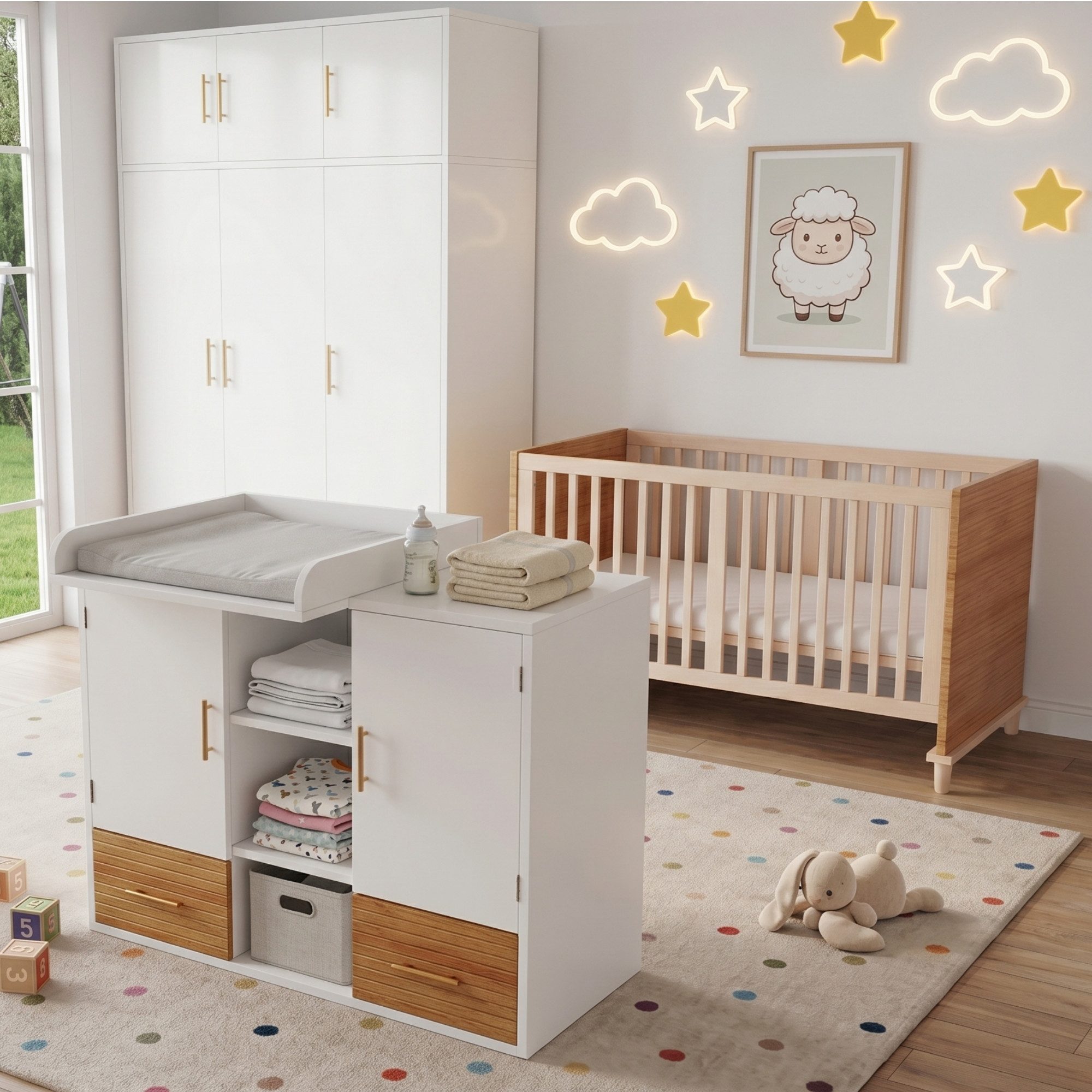 MIBODE Babymöbel-Set Wickeltisch & Babybett Set, Kinderzimmermöbel, Naturholz