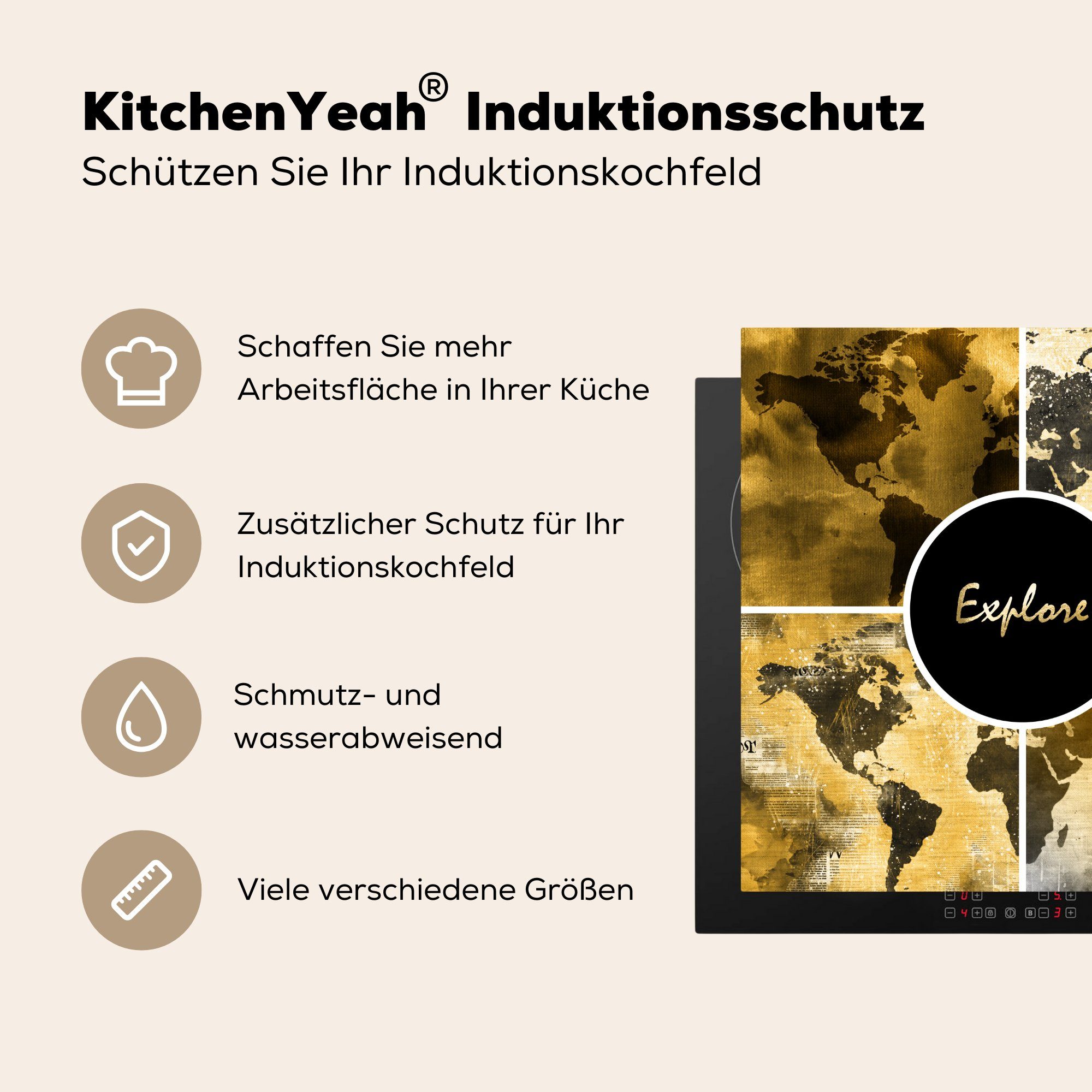 cm, - Gold, tlg), küche Collage Herdblende-/Abdeckplatte Arbeitsplatte - 78x78 Vinyl, Weltkarten für (1 Ceranfeldabdeckung, MuchoWow