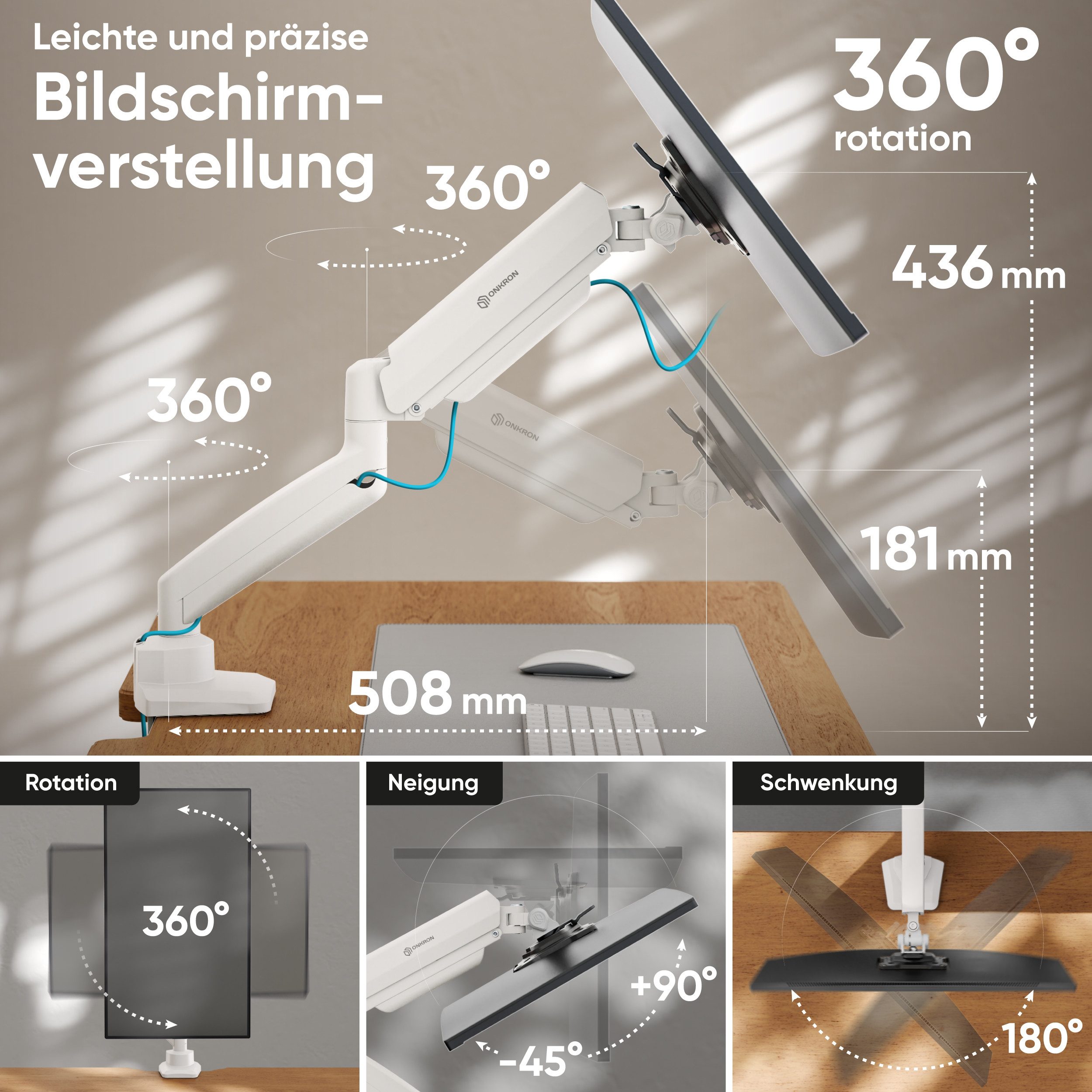 ONKRON Monitor-Halterung 13-32 Zoll, bis 10 kg, VESA 75x75-100x100, G80-BW, (bis 32 Zoll, neigbar, schwenkbar, drehbar, Gasdruckfeder, Kabelmanagement) – Bild 3 von 5