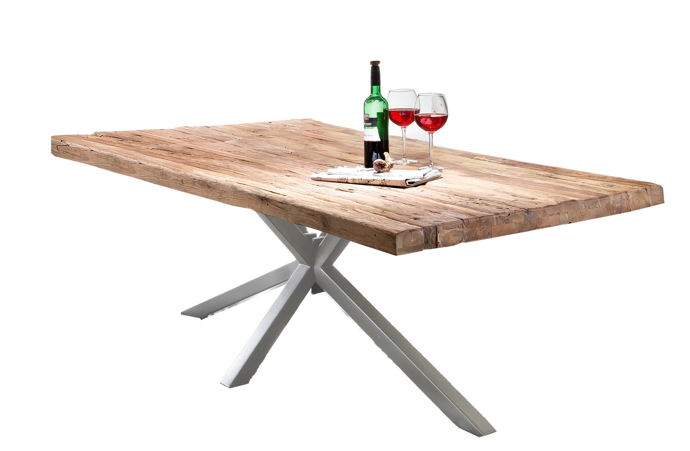 TPFLiving Esstisch Timos - Platte Desinger antik-silber natur, - - | 180x100cm recyceltes Gestell Metall (Tischplatte - Teak, mit Esstisch Gestell massiv), Esstisch Platte Plattenstärke mm Luxus Tisch rustikaler - Oberfläche antiksilber, 50 Esstisch antik-silber