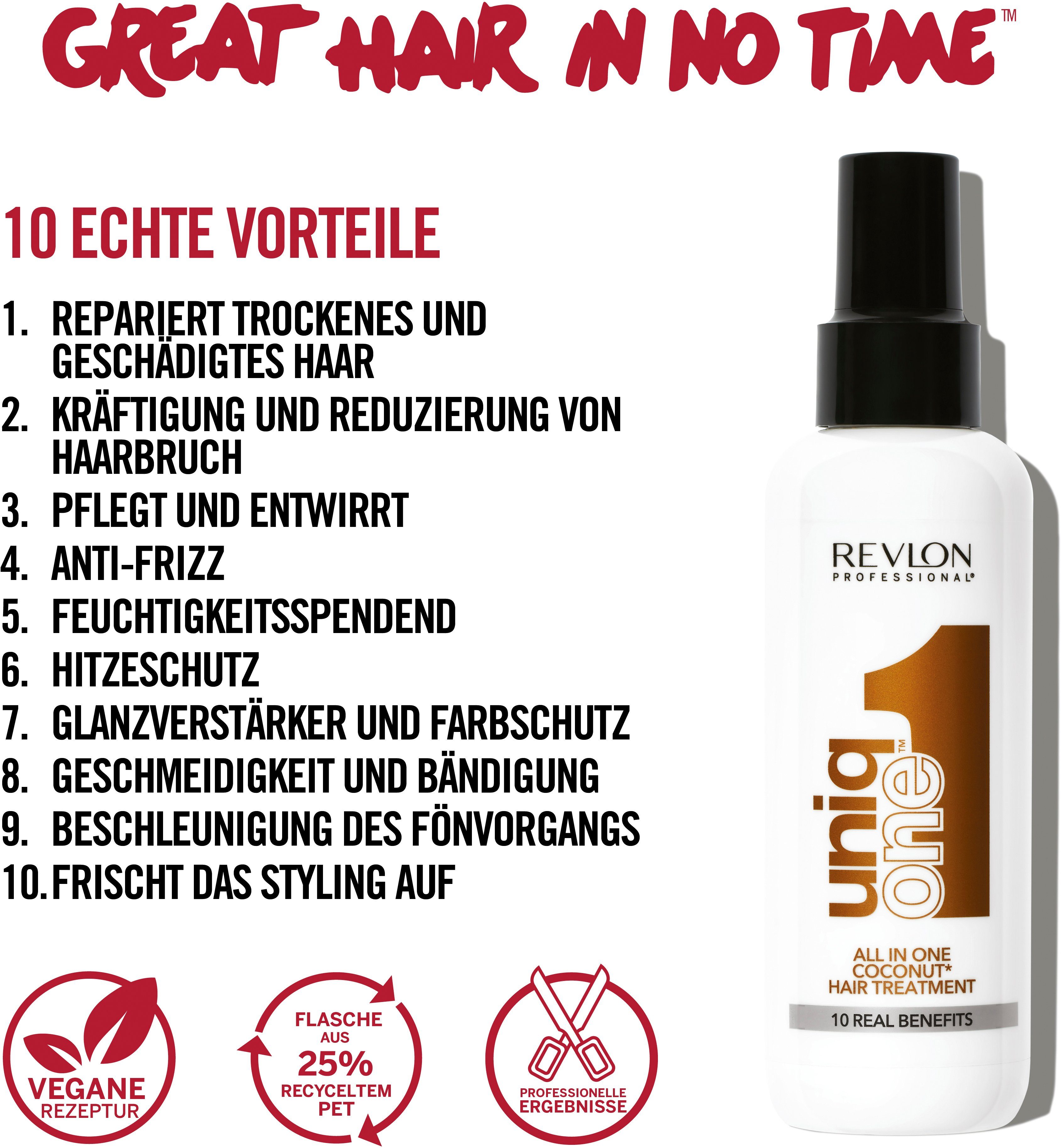 REVLON PROFESSIONAL Leave-in Pflege UNIQONE HAIR TREATMENT COCONUT FRAGRANCE, Sprühkur mit zehn Vorteilen für trockenes und strapaziertes Haar.