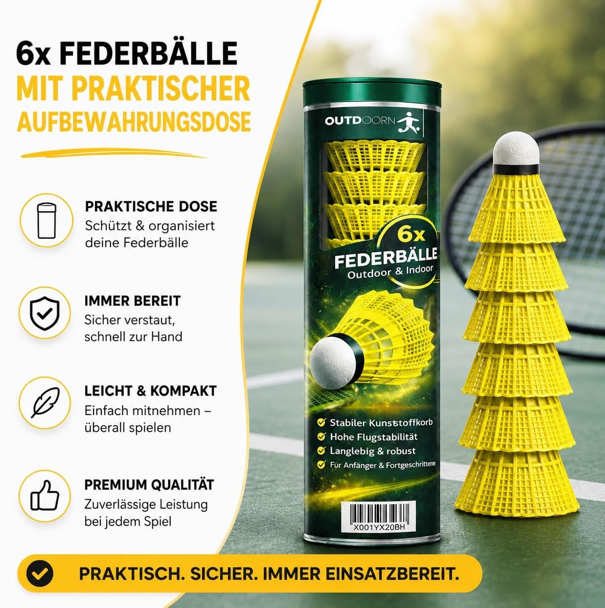 Outdoorn Federball Federbälle gelb für Badminton: Training Wettkampf - Badmintonbälle (6er-Set, 6-St., 6-teilig)