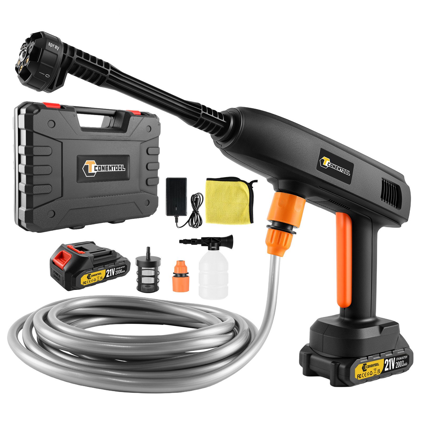 CONENTOOL Akku-Hochdruckreiniger 21V Hochdruckreiniger, Geräuscharmer Betrieb, Druck max: 25 bar, 150 W, Fördermenge max: 210 l/h, (Set), mit Schaumkanne, 2000mAh Akku für Auto Garten Haushalt