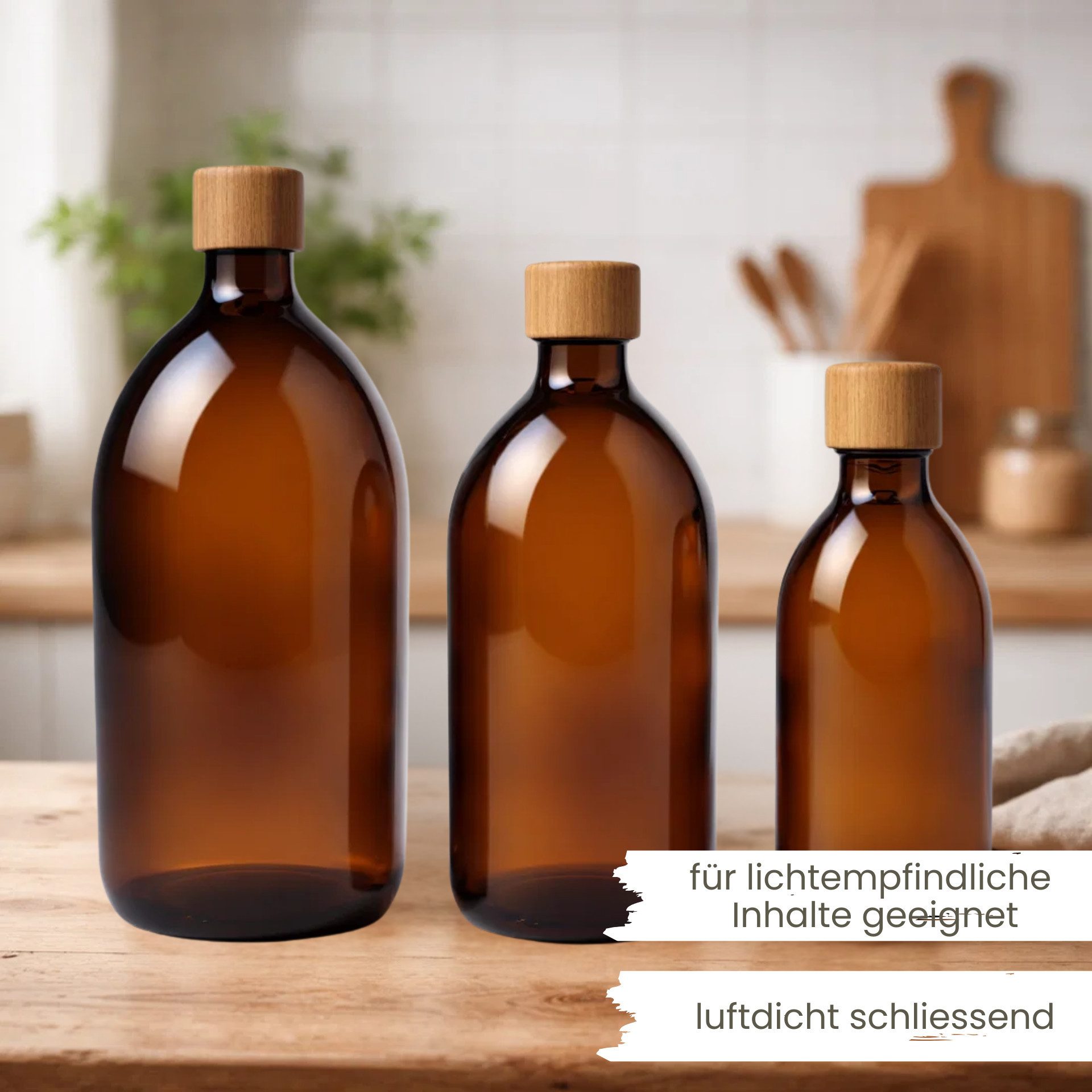 mikken Trinkflasche Apothekerflasche braun 500 ml mit Holz/Alu Schraubdeckel, 0,5 L, UV-Schutz, luftdicht