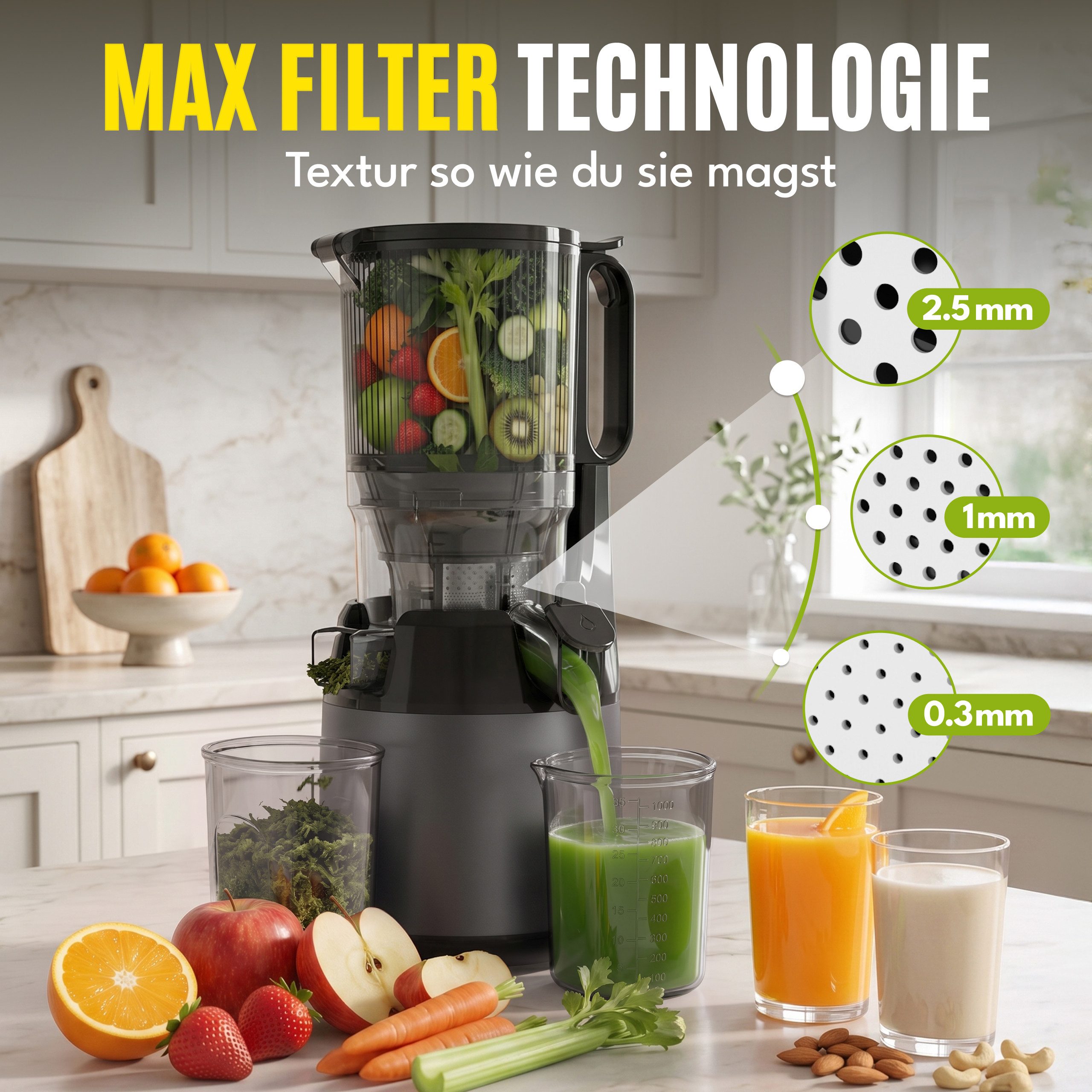 Lebenlang Slow Juicer Entsafter mit 130-mm-Einfüllöffnung, für ganze Früchte & Gemüse, 250 W, Kaltpress-Technologie, BPA-frei, spülmaschinengeeignet – Bild 4 von 5