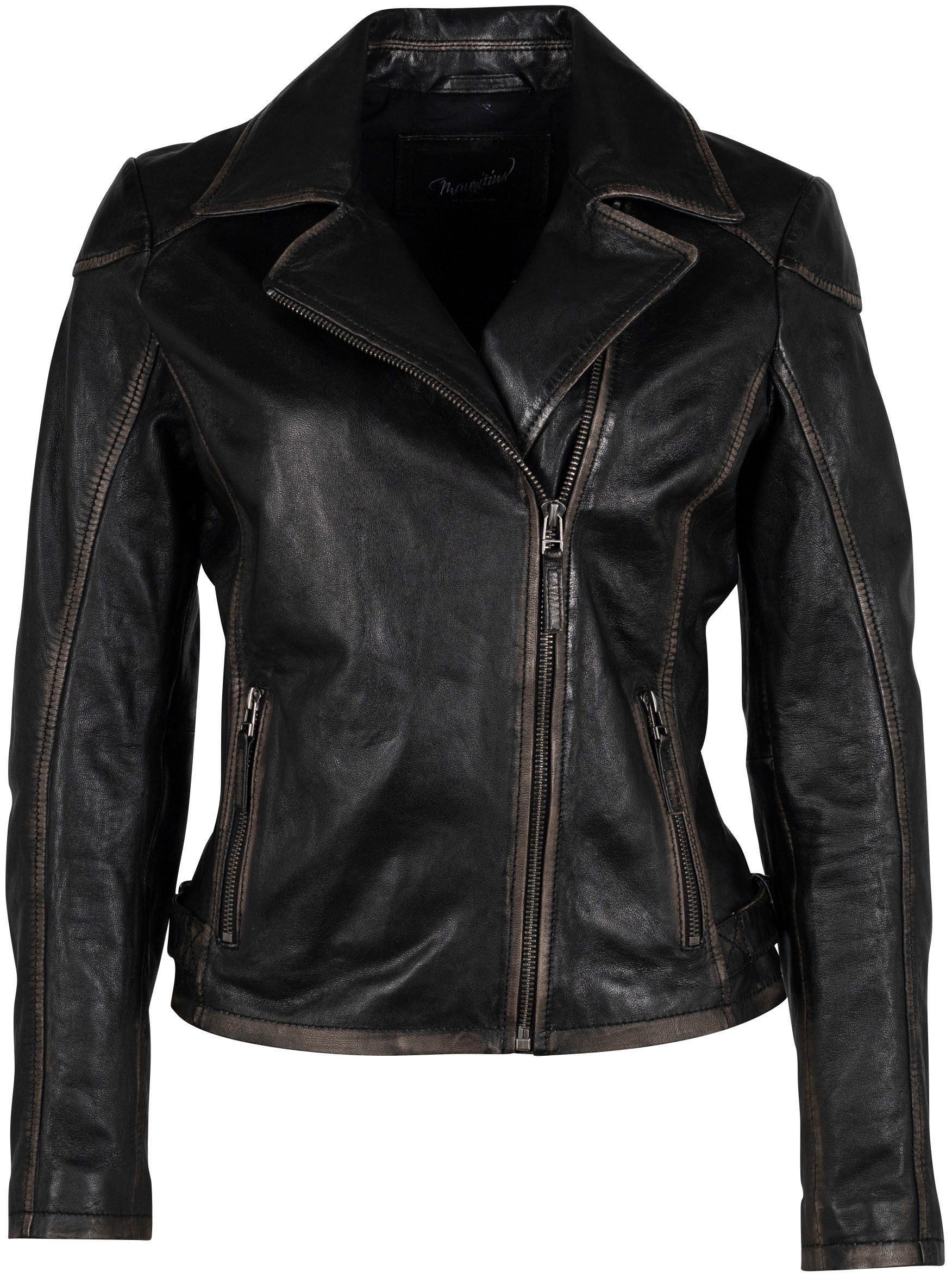 Mauritius Lederjacke MWPeggie im Vintage-Look, asymetrischer Reißverschluss, Reverskragen