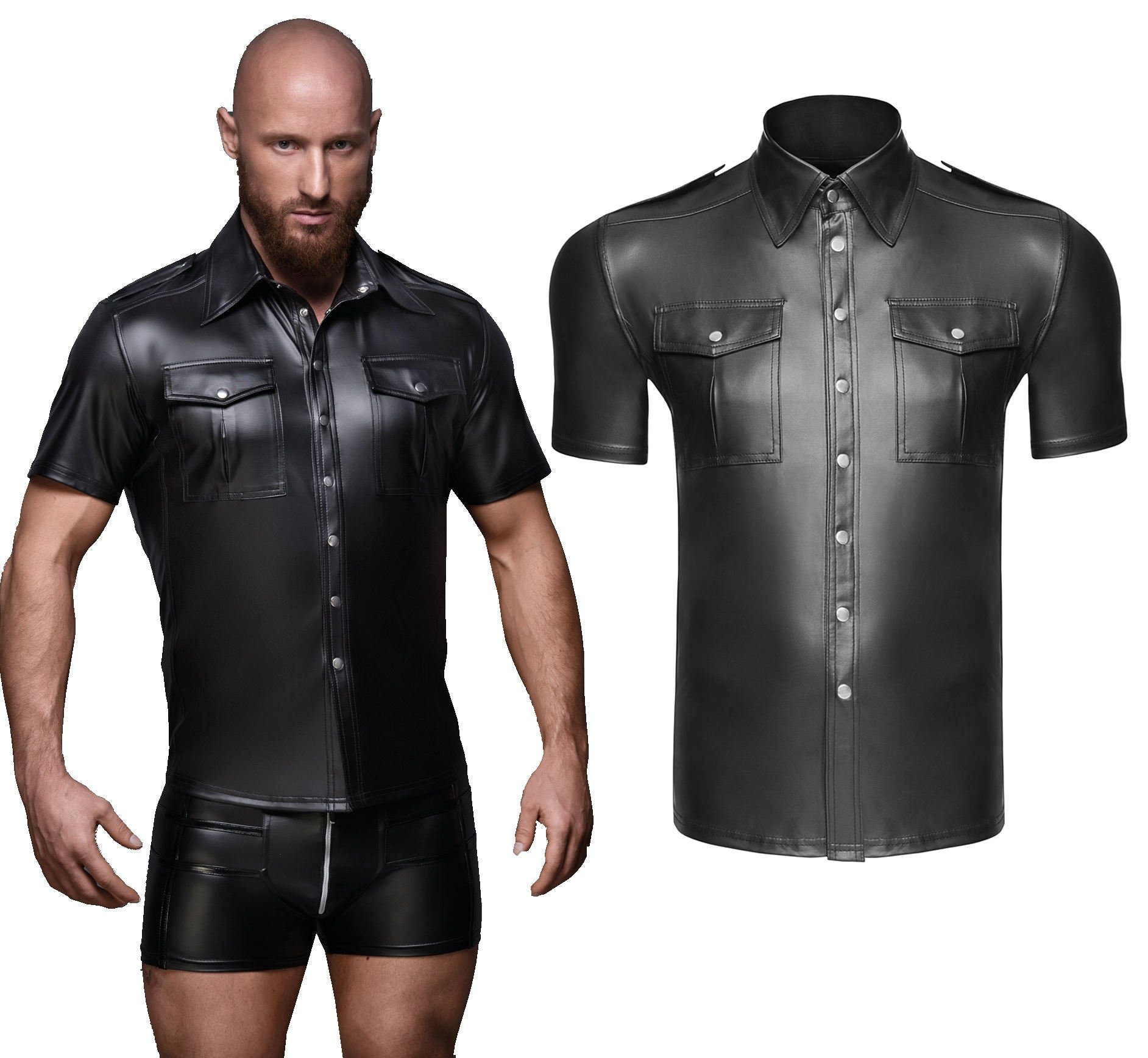 Hemd & Shirt Wetlook-Shirt H011 T-Shirt Männer Hemd mit Knopfleiste in schwarz, Made in EU